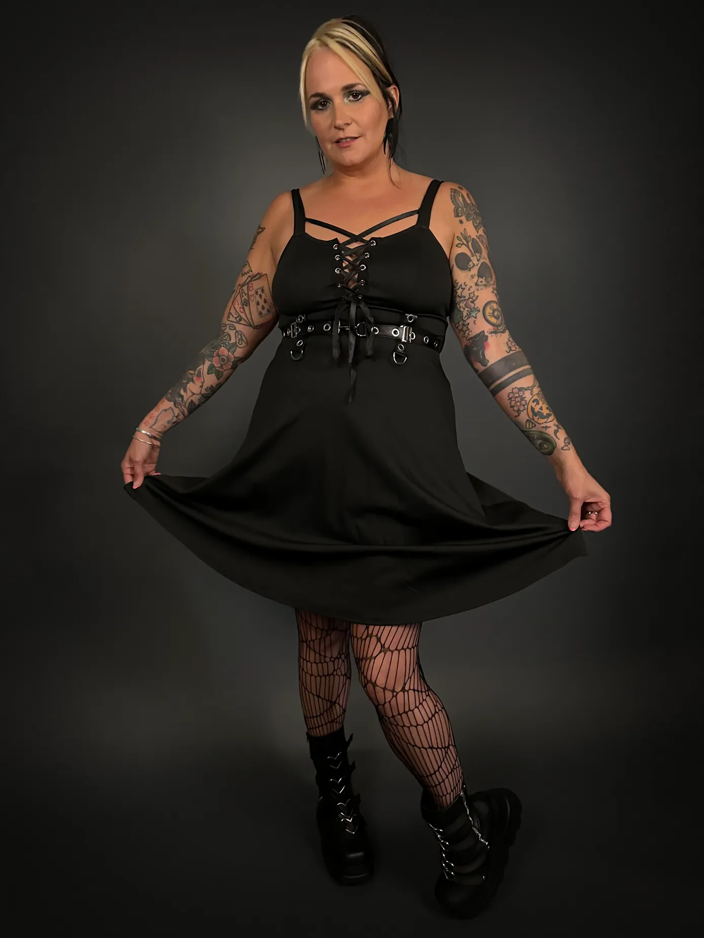 Outfit Set - Black Ribbon Lace-up Front A-line Goth Dress & Spider Web Tights Punk Style