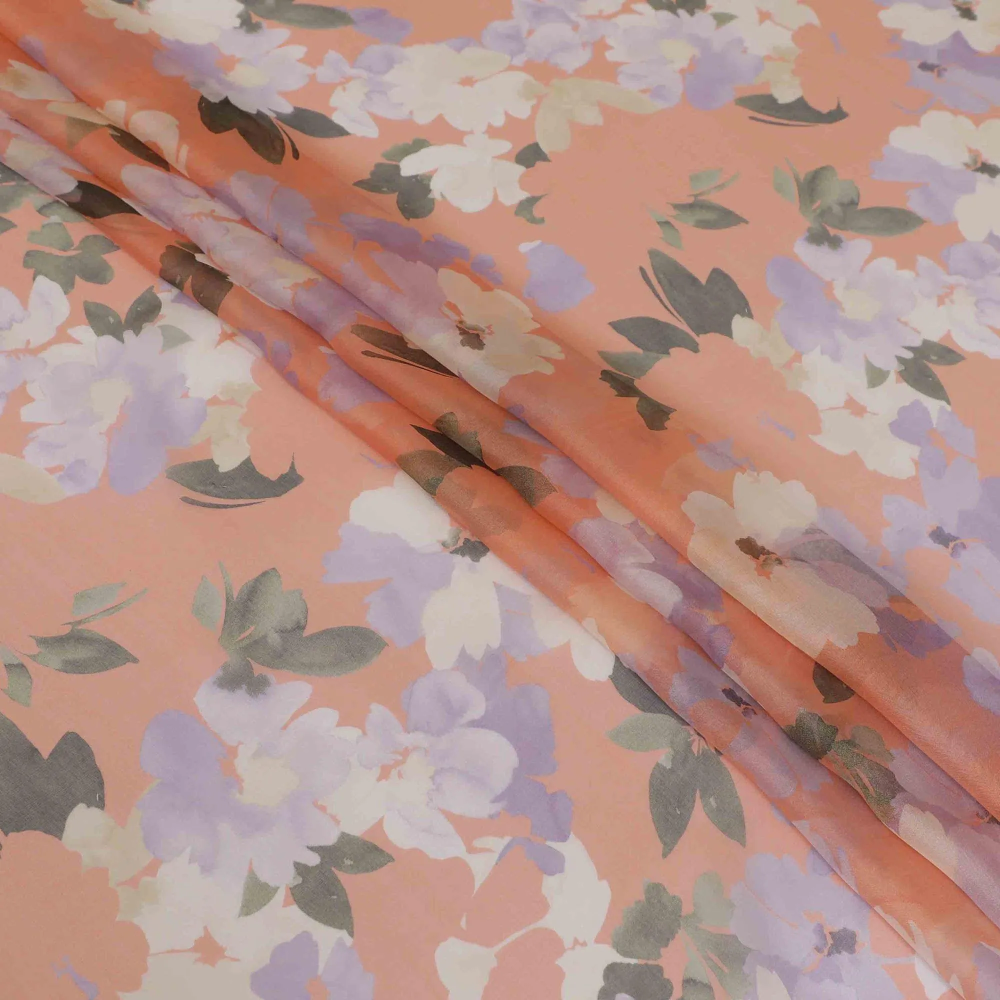 Peach premium pure silk chiffon fabric with multicolor print in floral design-D13221