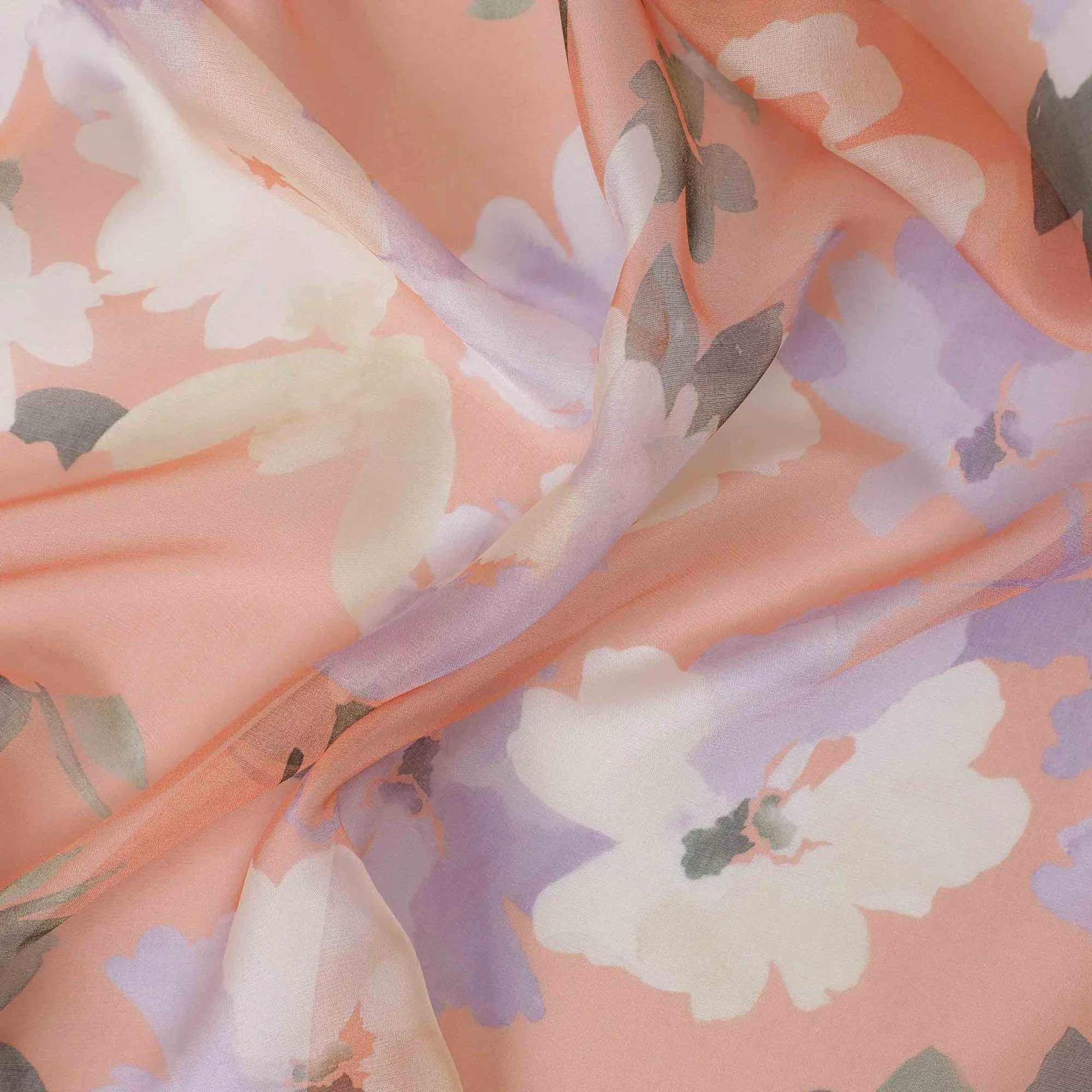 Peach premium pure silk chiffon fabric with multicolor print in floral design-D13221