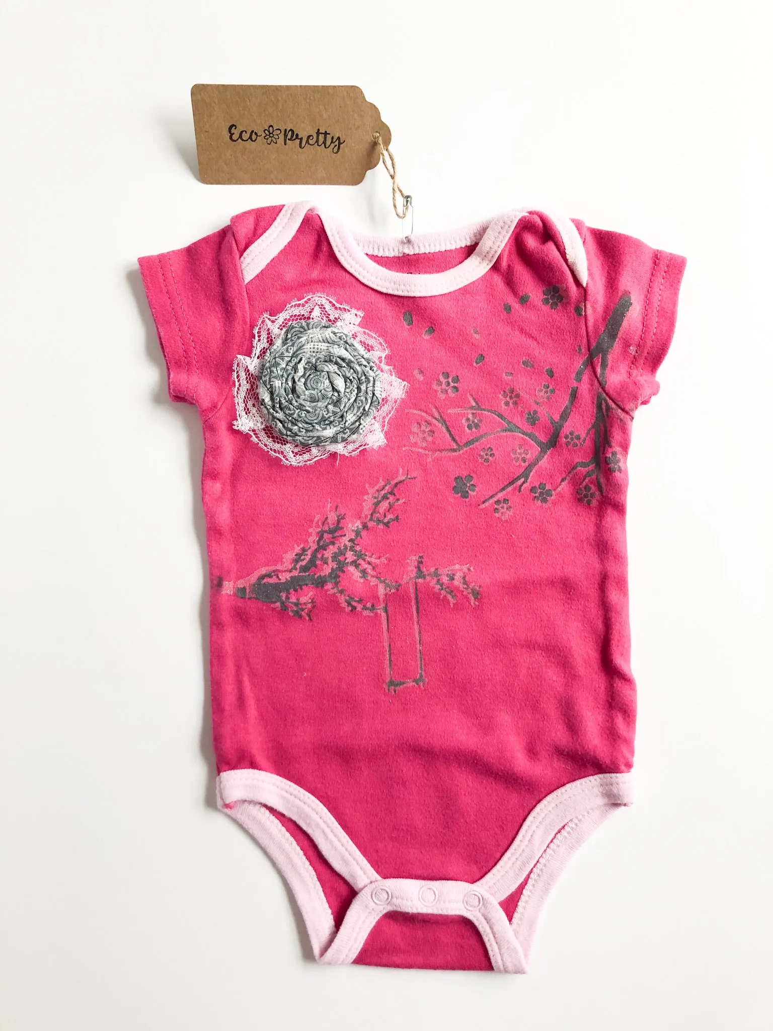 Pink 100% Cotton Upcycled Adorned Bodysuit by Eco Pretty - 3-6 Months