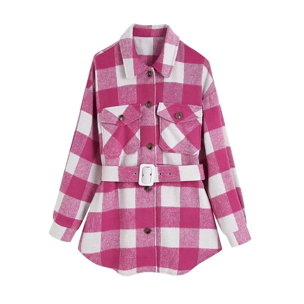 Plaid Coat Women Clothing Autumn Preppy Double Pocket Shacket for Women