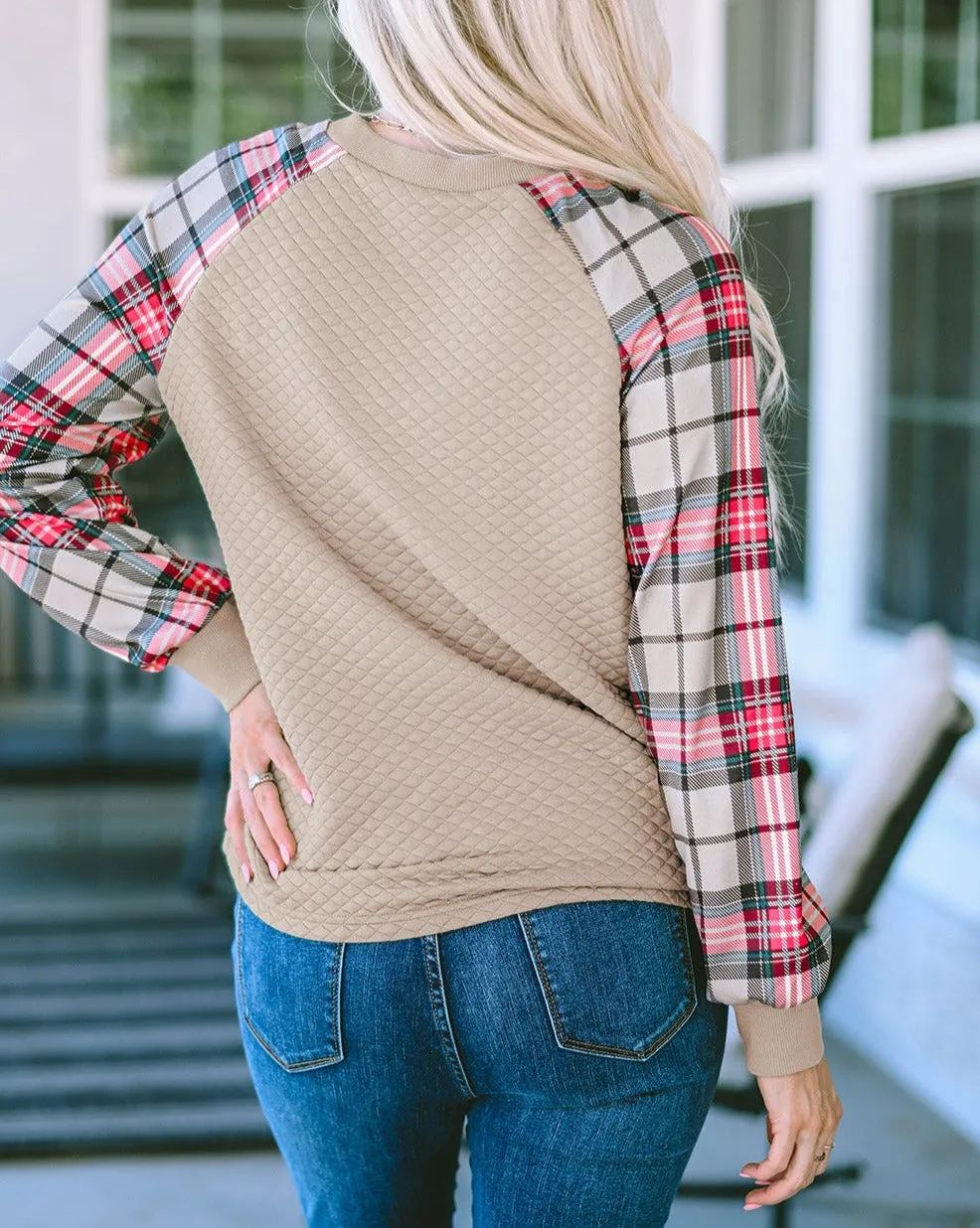 Plaid Colorblock Raglan Sleeve Sweatshirt