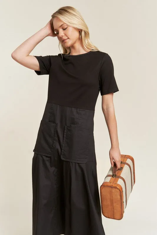 Plus Front Pocket Mixed Media Midi Dress