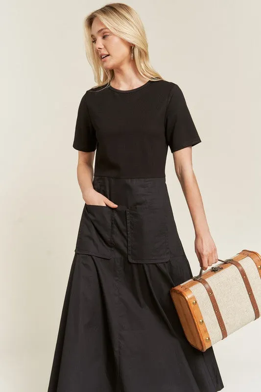 Plus Front Pocket Mixed Media Midi Dress