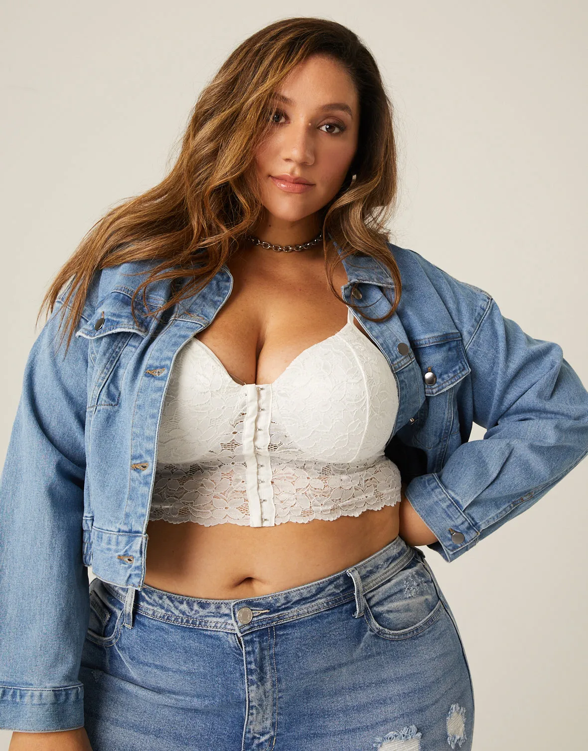 Plus Size Elastic Hem Denim Jacket