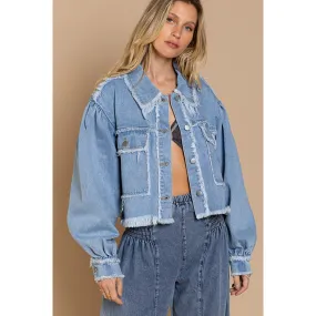 POL Cropped Frayed Edge Light Denim Jacket