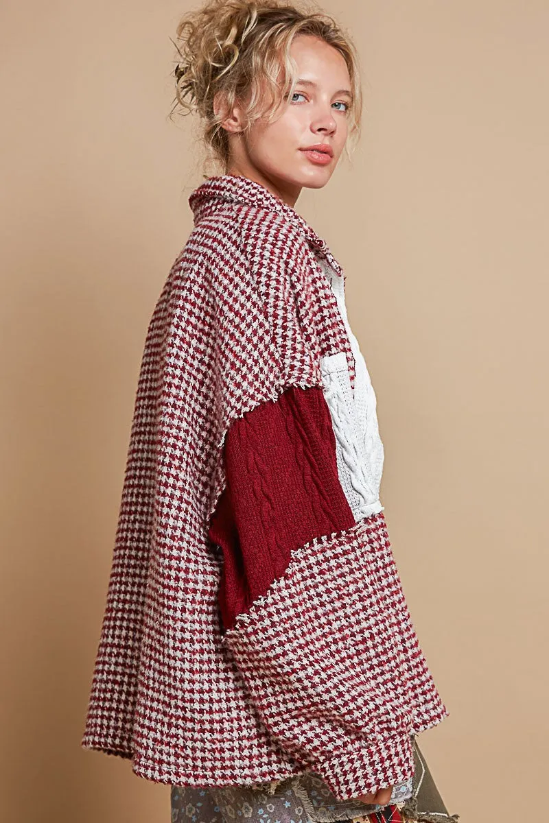 POL Houndstooth Panel Shacket in Red Multi