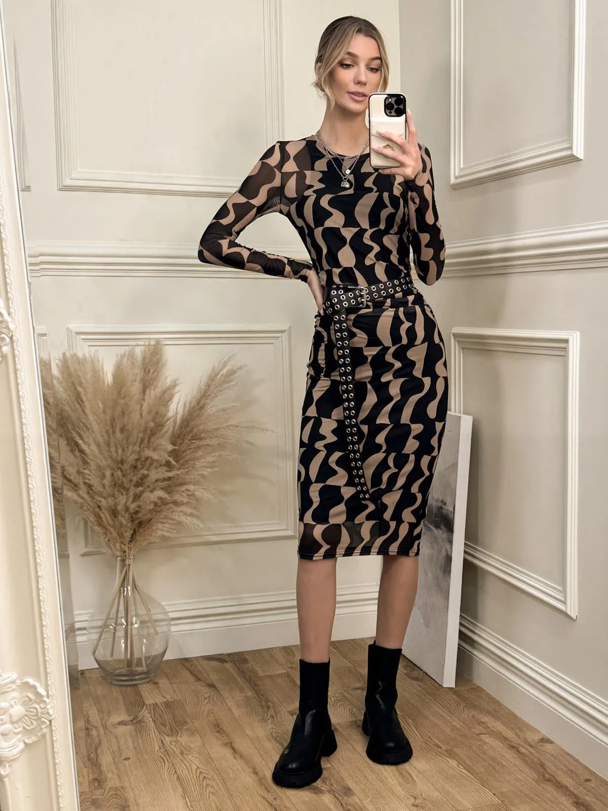 Print Long Sleeve Mesh Bodycon Dress, Brown Pattern