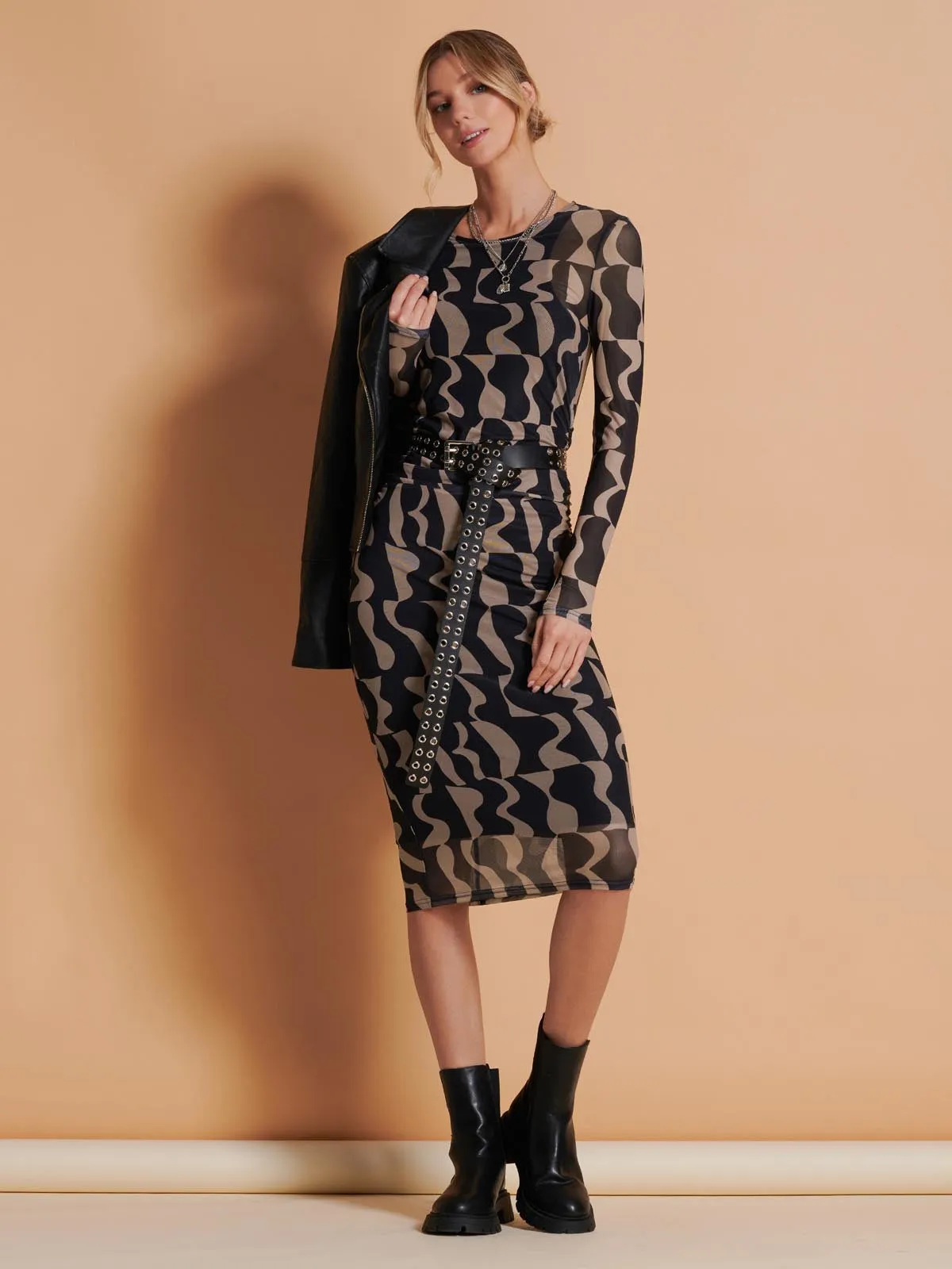 Print Long Sleeve Mesh Bodycon Dress, Brown Pattern