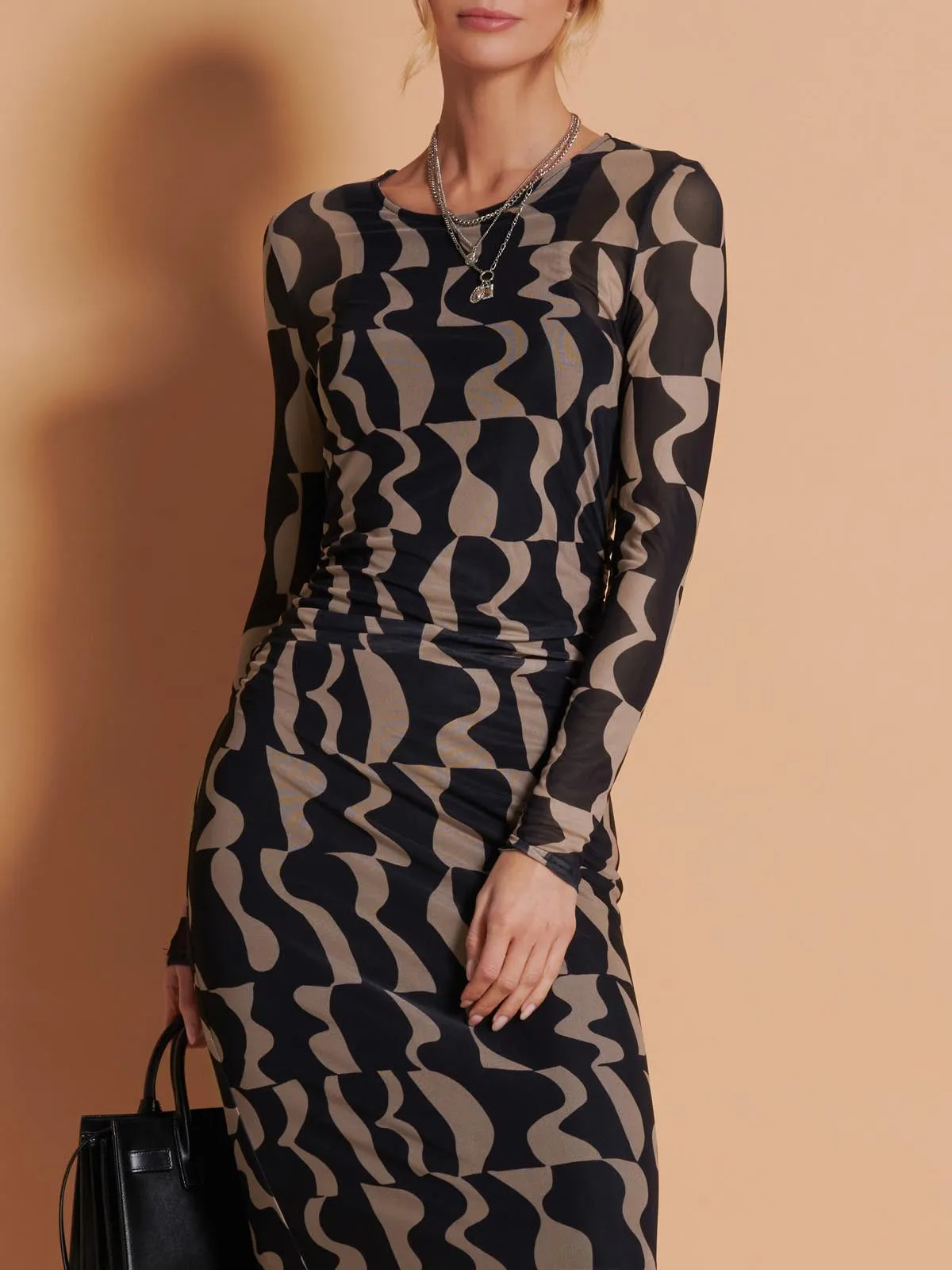 Print Long Sleeve Mesh Bodycon Dress, Brown Pattern