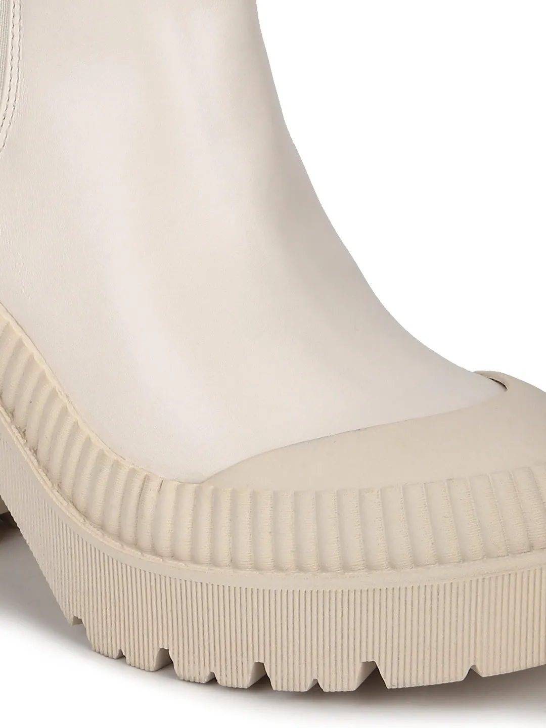 Putty Beige PU Slip On Block Heel Ankle Boots