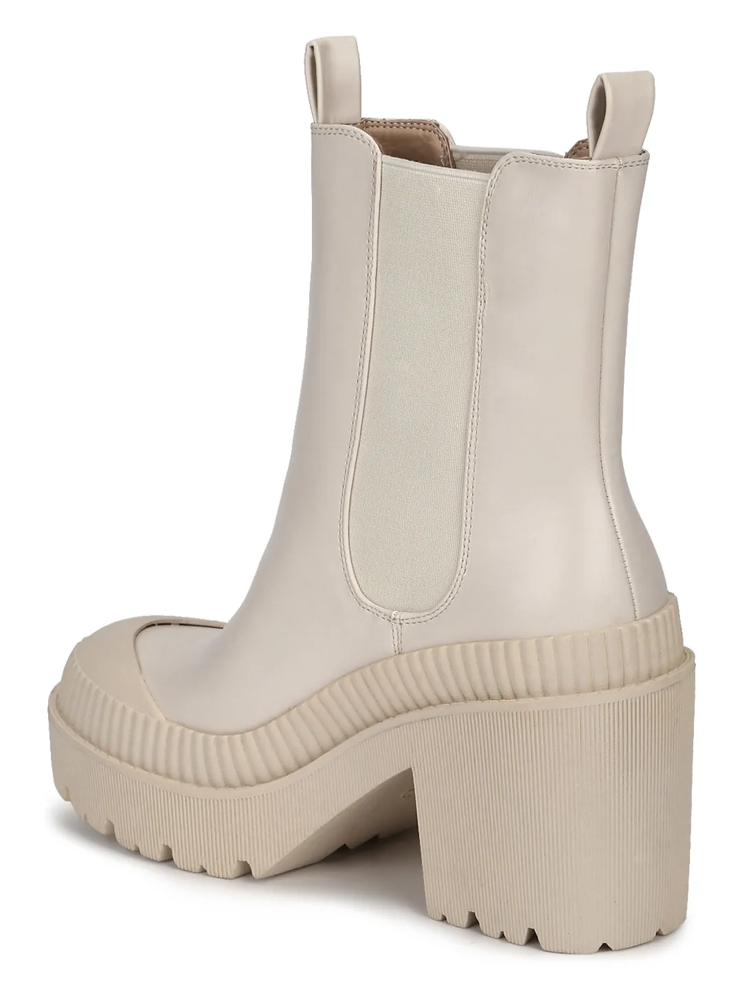 Putty Beige PU Slip On Block Heel Ankle Boots