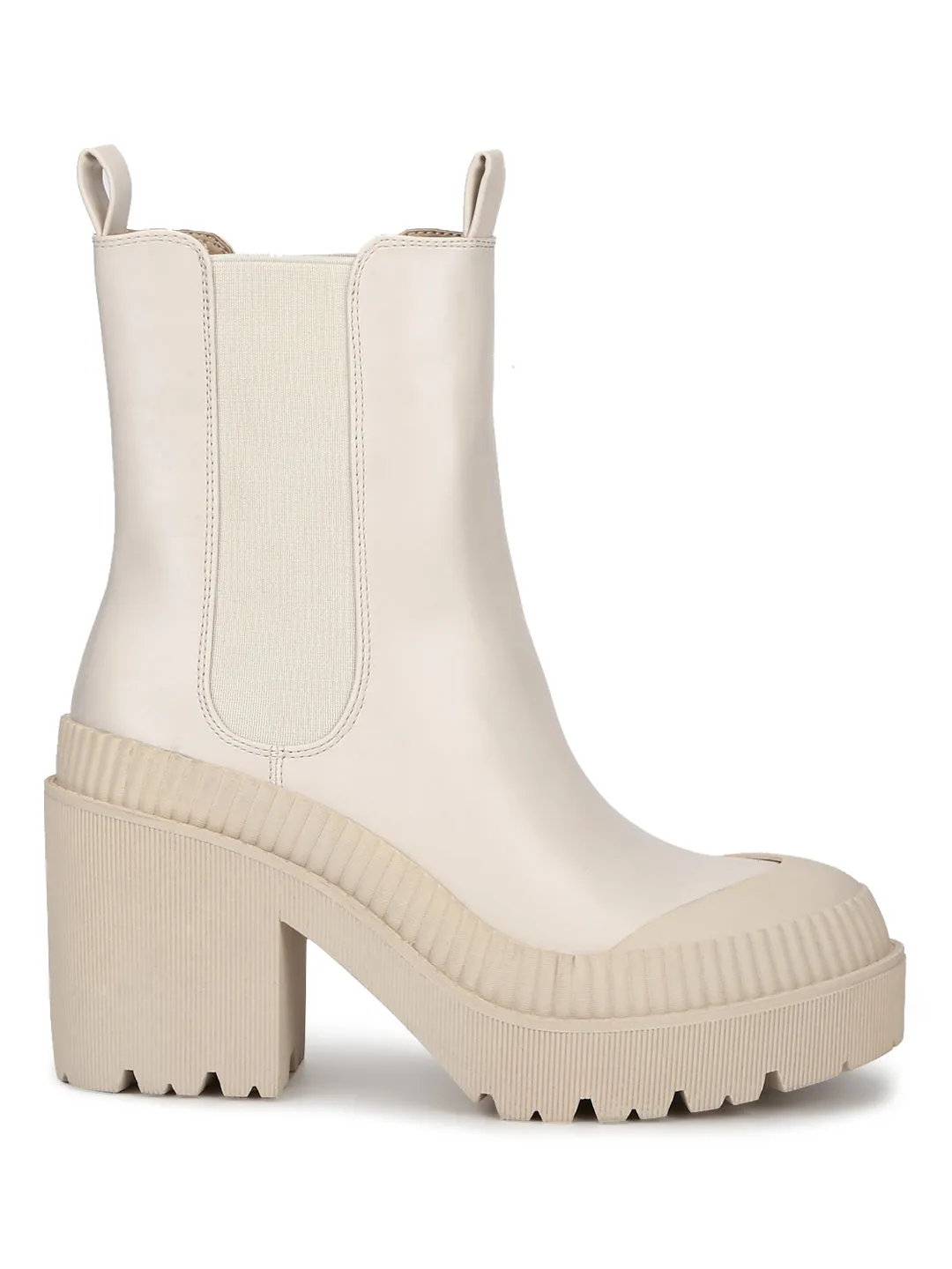 Putty Beige PU Slip On Block Heel Ankle Boots