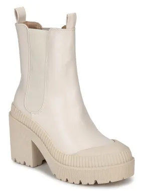 Putty Beige PU Slip On Block Heel Ankle Boots