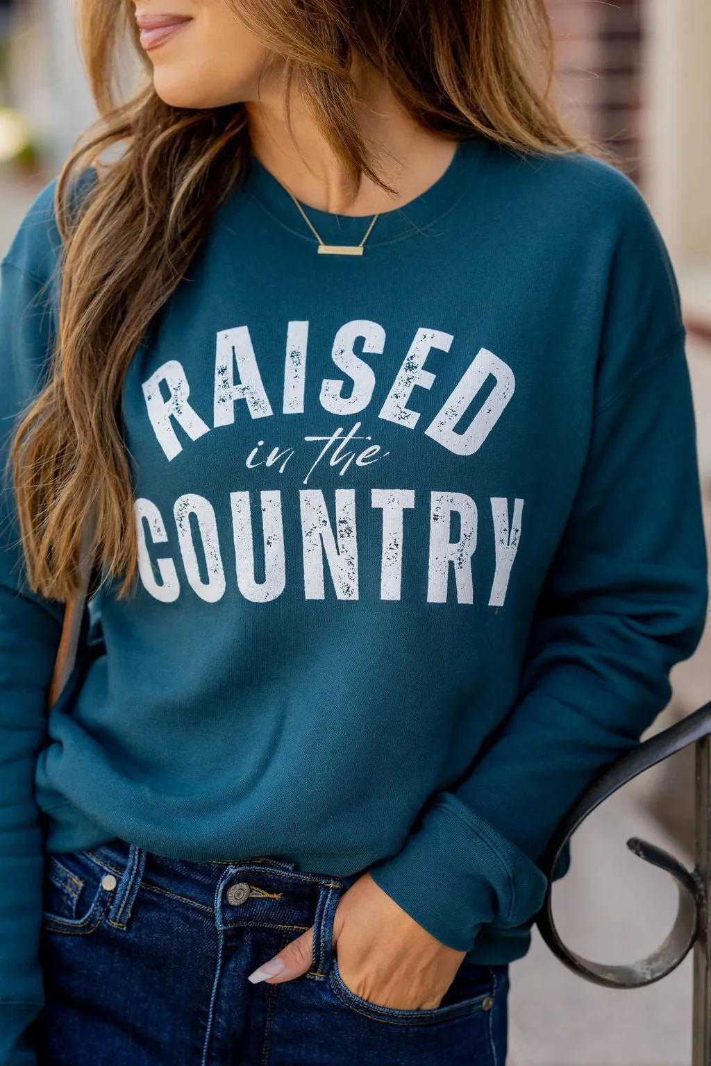 Raised In The Country Cursive Graphic Crewneck