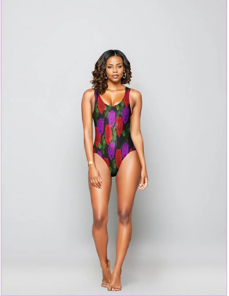 Red Rose Purp One-Piece Foil Swimsuit - Ships from The US