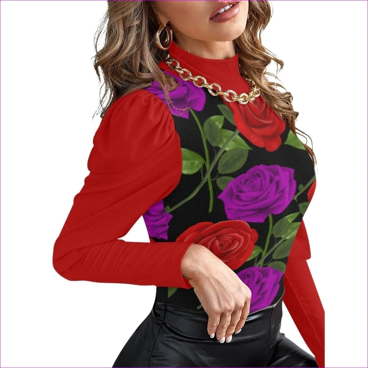 Red Rose Purp Women's Turtleneck Bodysuit With Puff Sleeve