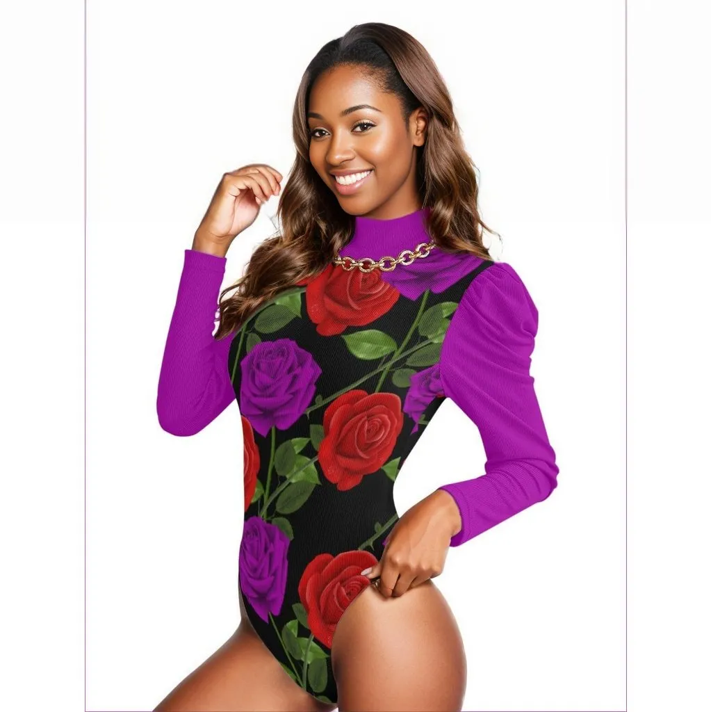 Red Rose Purp Women's Turtleneck Bodysuit With Purple Puff Sleeve