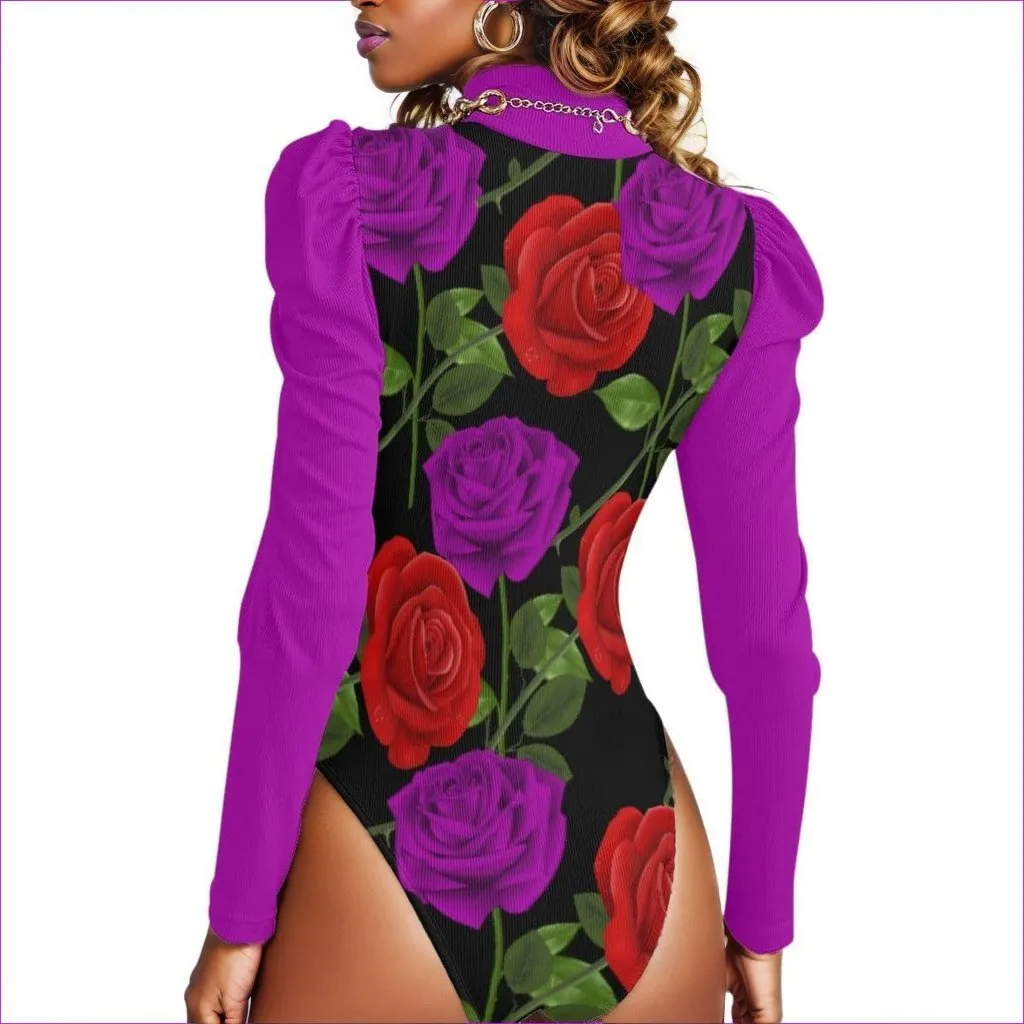 Red Rose Purp Women's Turtleneck Bodysuit With Purple Puff Sleeve