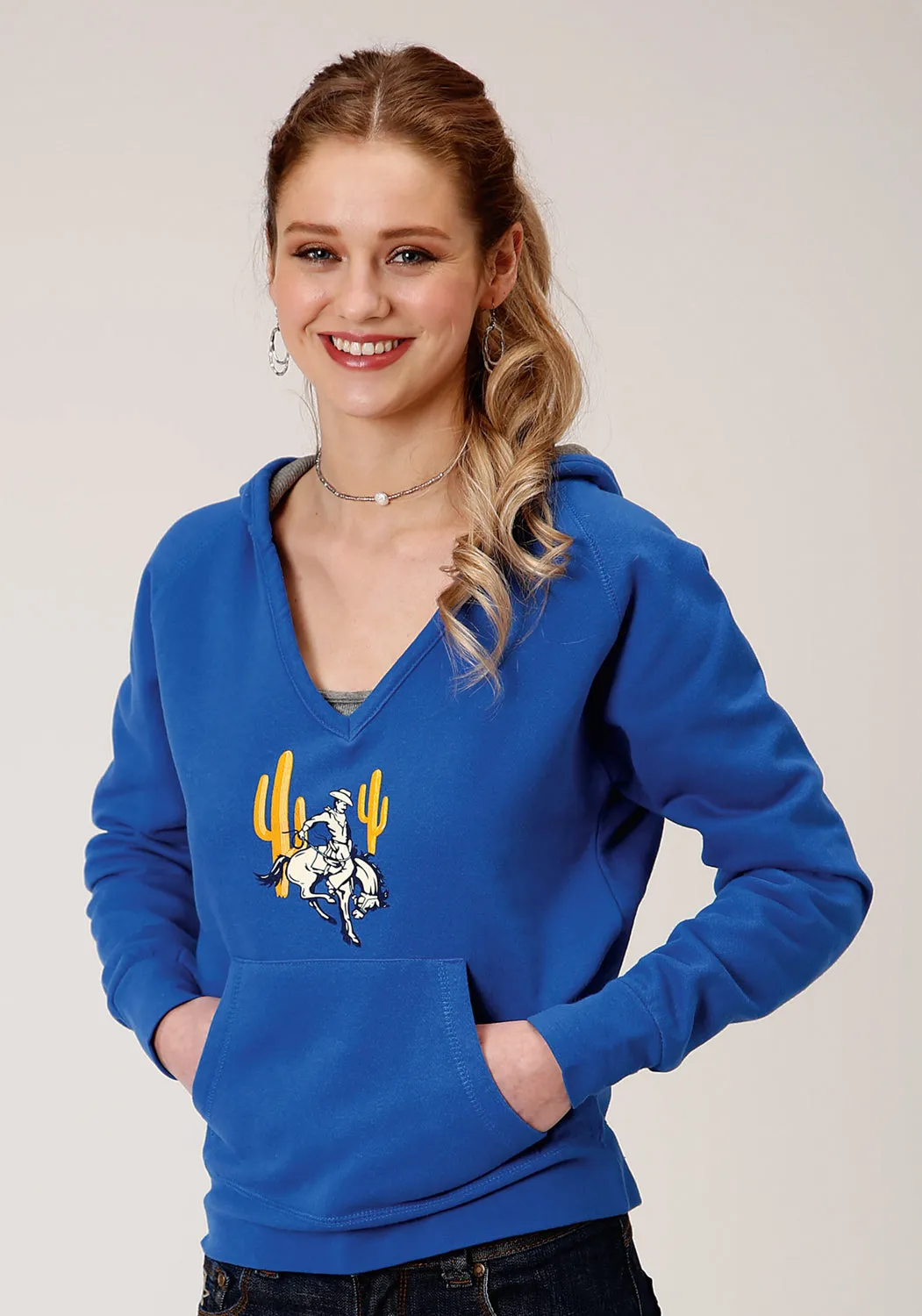 Roper Womens Blue Cotton Blend Bronc Rider Cactus Hoodie