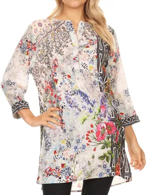 Sakkas Antona Womens SIlky 3/4 Sleeve Blouse Top  with Embellishing Relax Fit