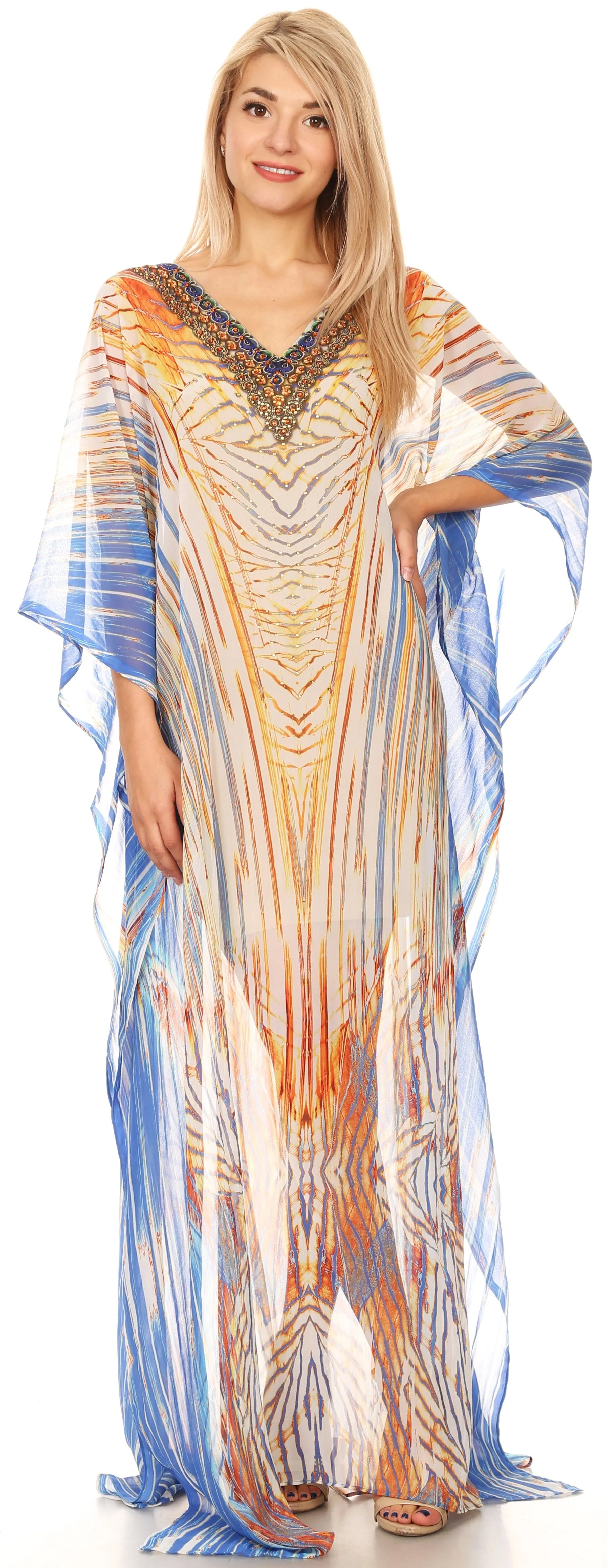 Sakkas Wilder Printed Design Long Sheer Rhinestone Caftan Dress / Cover Up