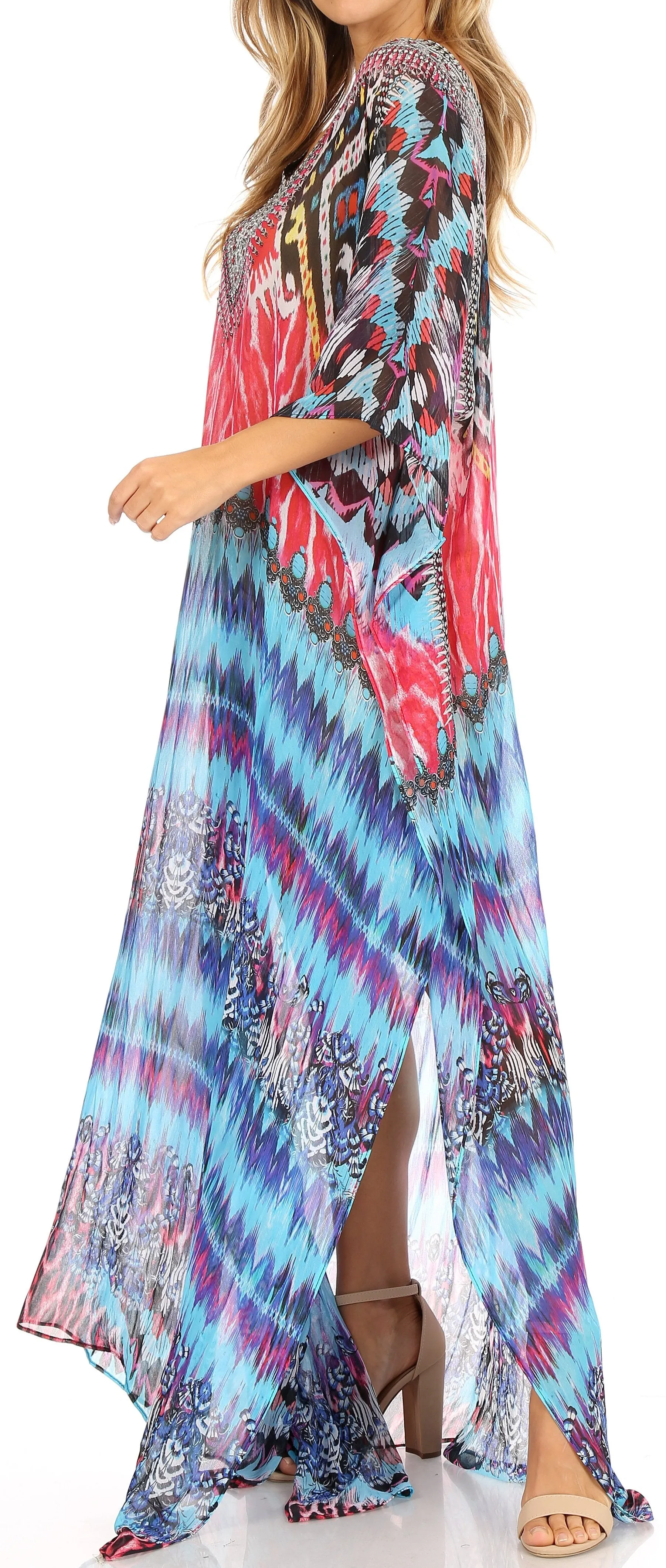 Sakkas Wilder Printed Design Long Sheer Rhinestone Caftan Dress / Cover Up