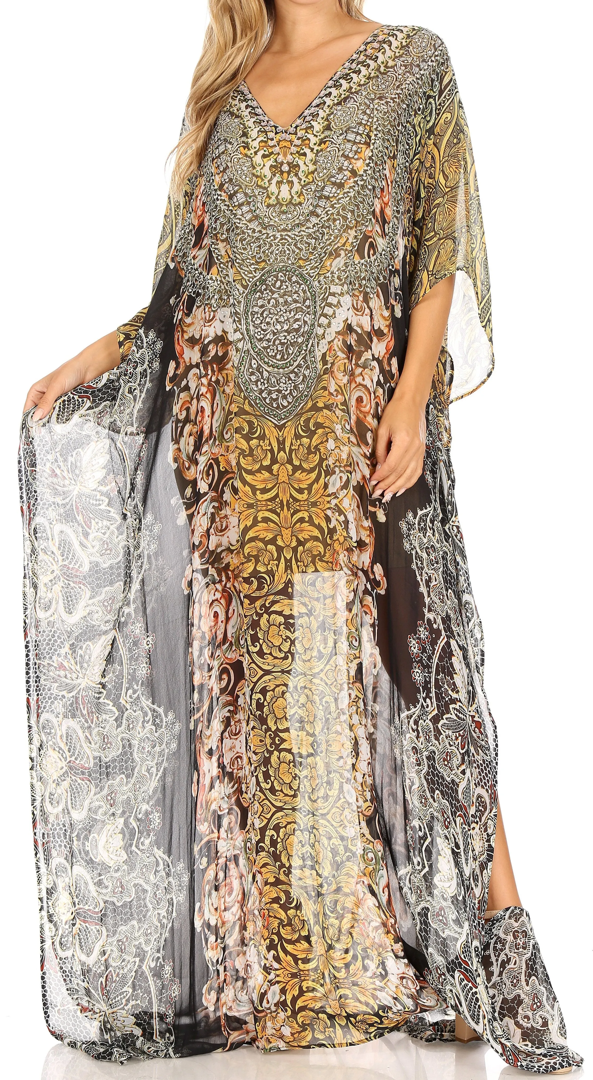 Sakkas Wilder Printed Design Long Sheer Rhinestone Caftan Dress / Cover Up