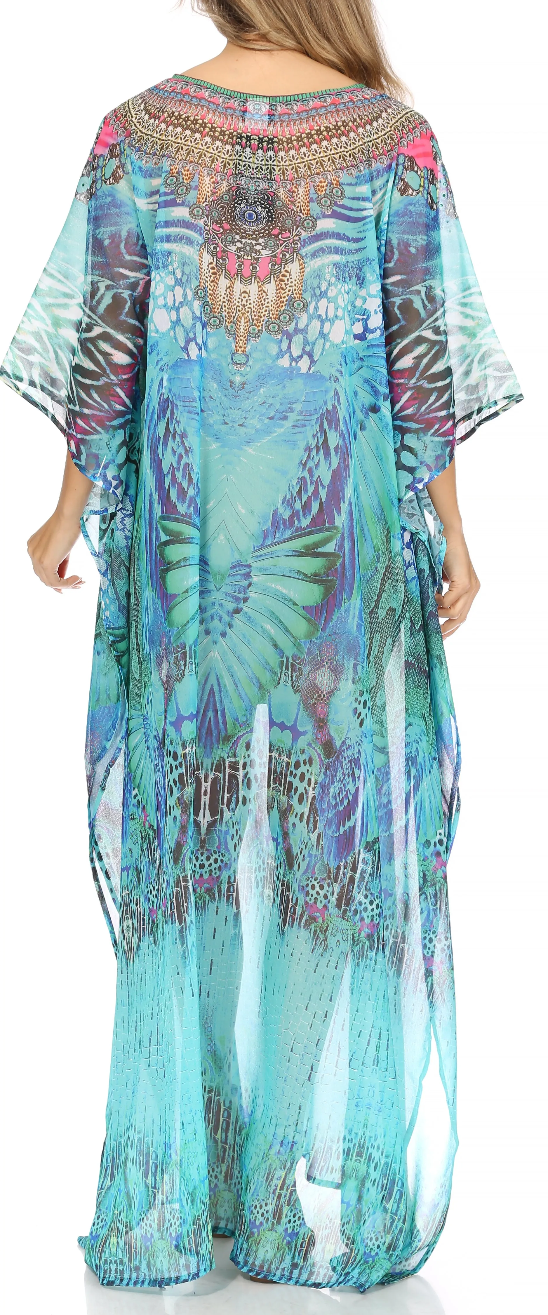 Sakkas Wilder Printed Design Long Sheer Rhinestone Caftan Dress / Cover Up