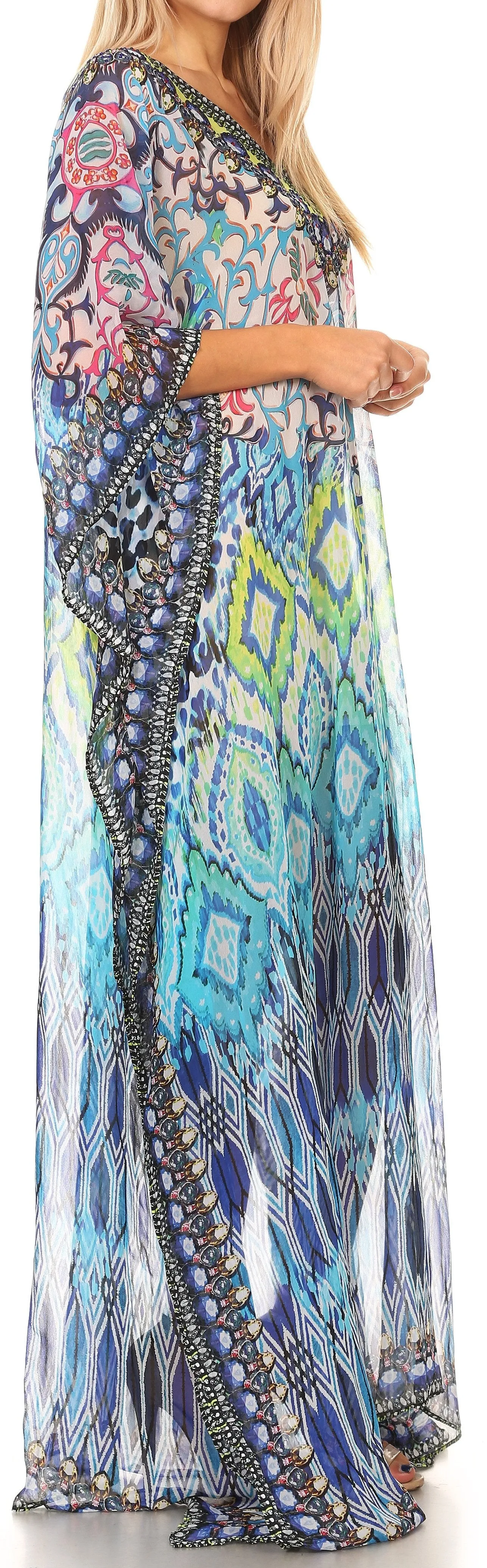 Sakkas Wilder Printed Design Long Sheer Rhinestone Caftan Dress / Cover Up