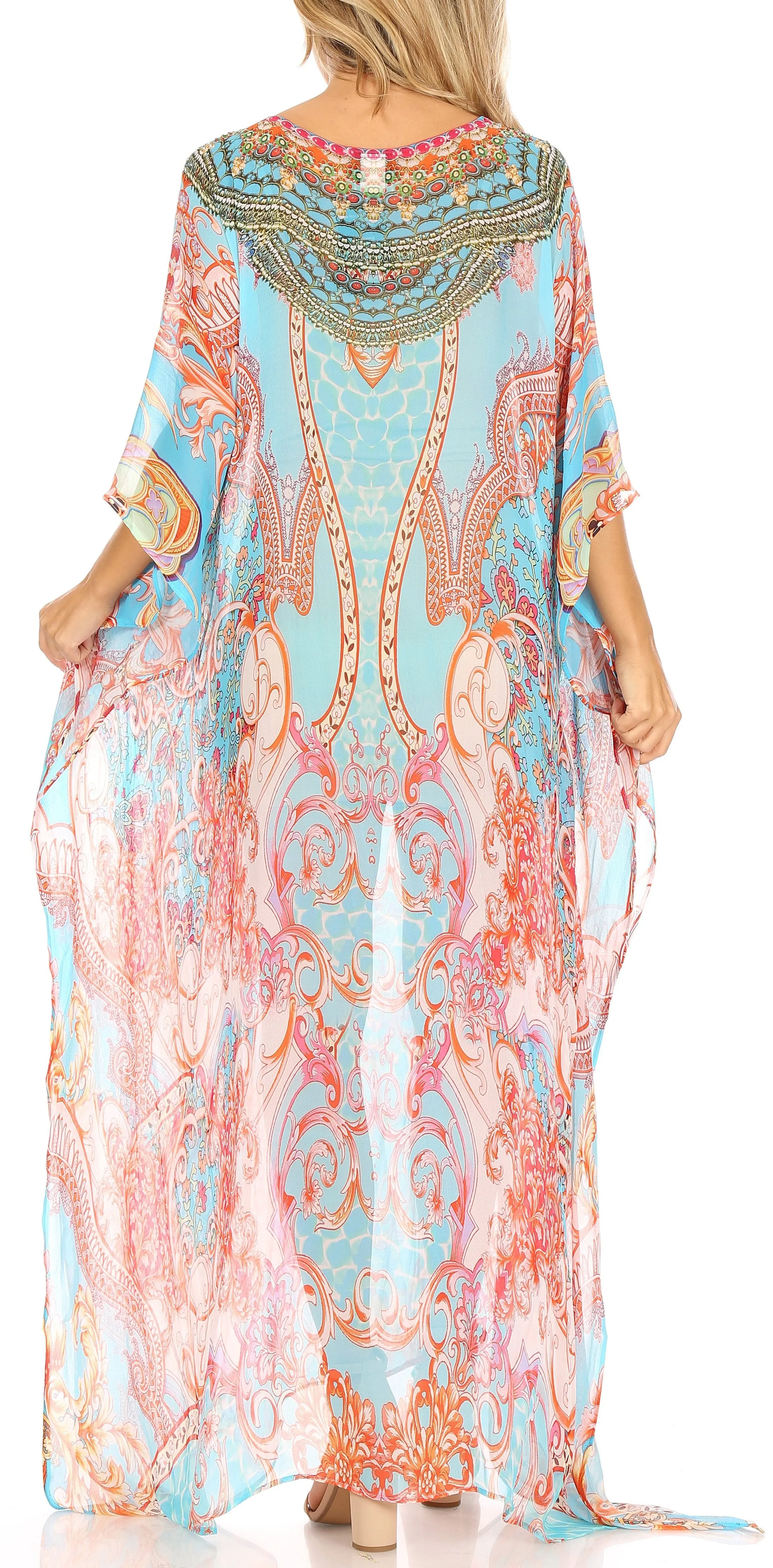 Sakkas Wilder Printed Design Long Sheer Rhinestone Caftan Dress / Cover Up