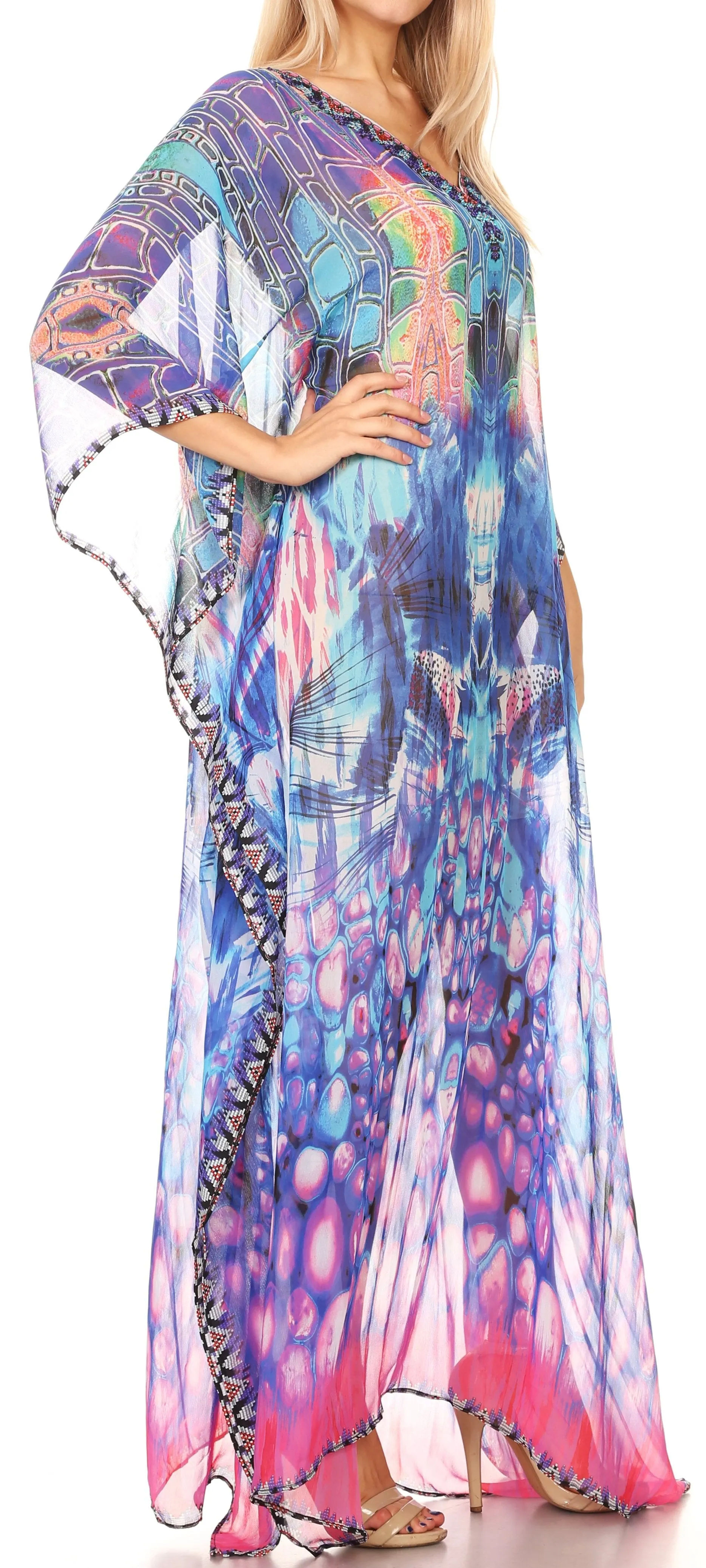 Sakkas Wilder Printed Design Long Sheer Rhinestone Caftan Dress / Cover Up