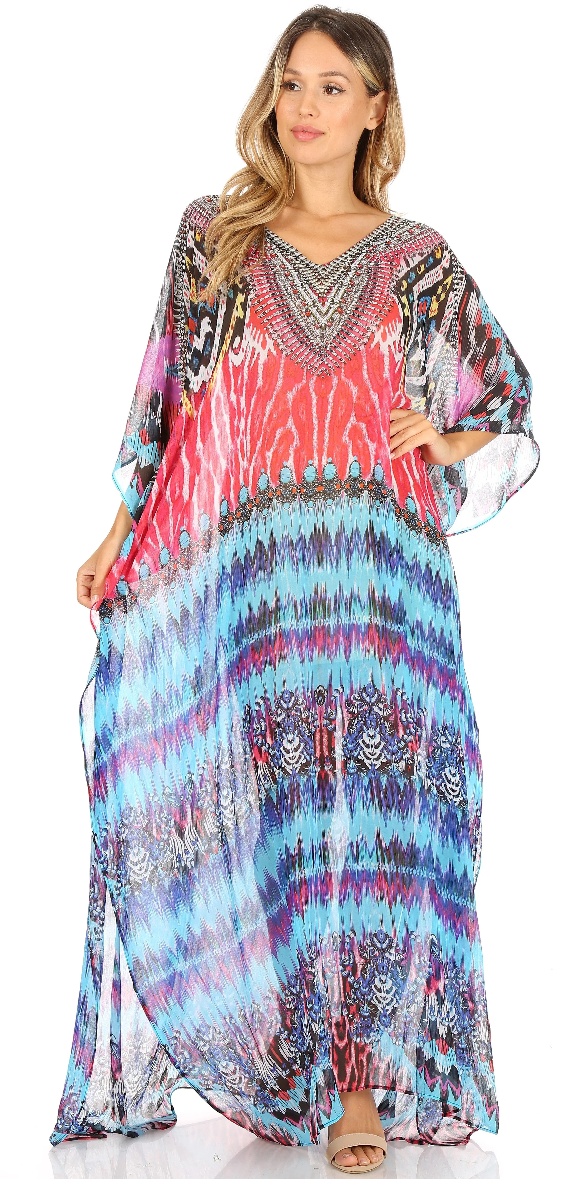 Sakkas Wilder Printed Design Long Sheer Rhinestone Caftan Dress / Cover Up