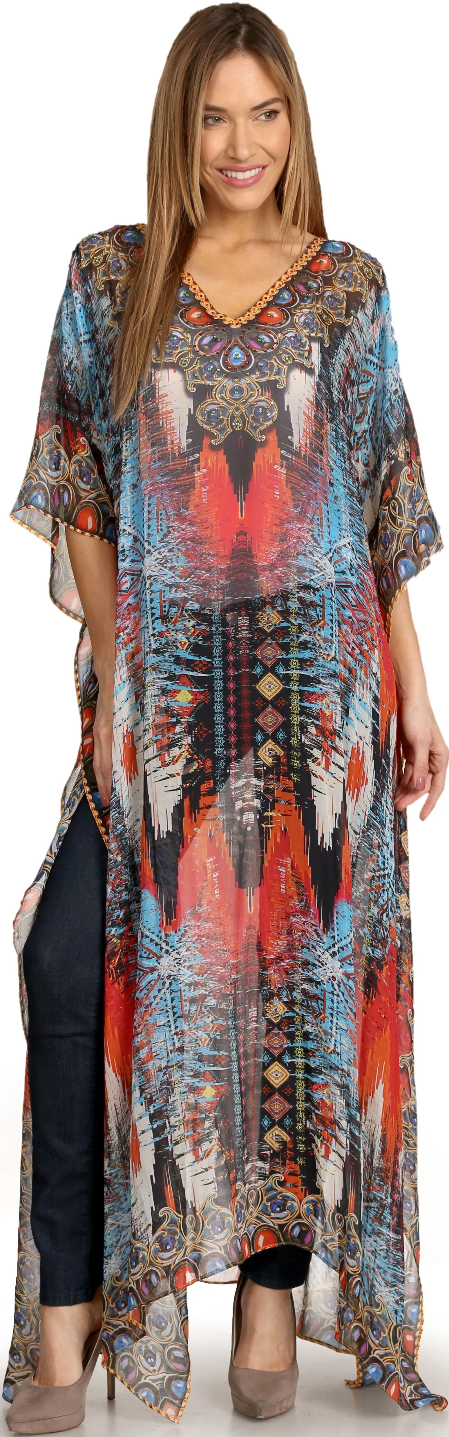 Sakkas Wilder Printed Design Long Sheer Rhinestone Caftan Dress / Cover Up