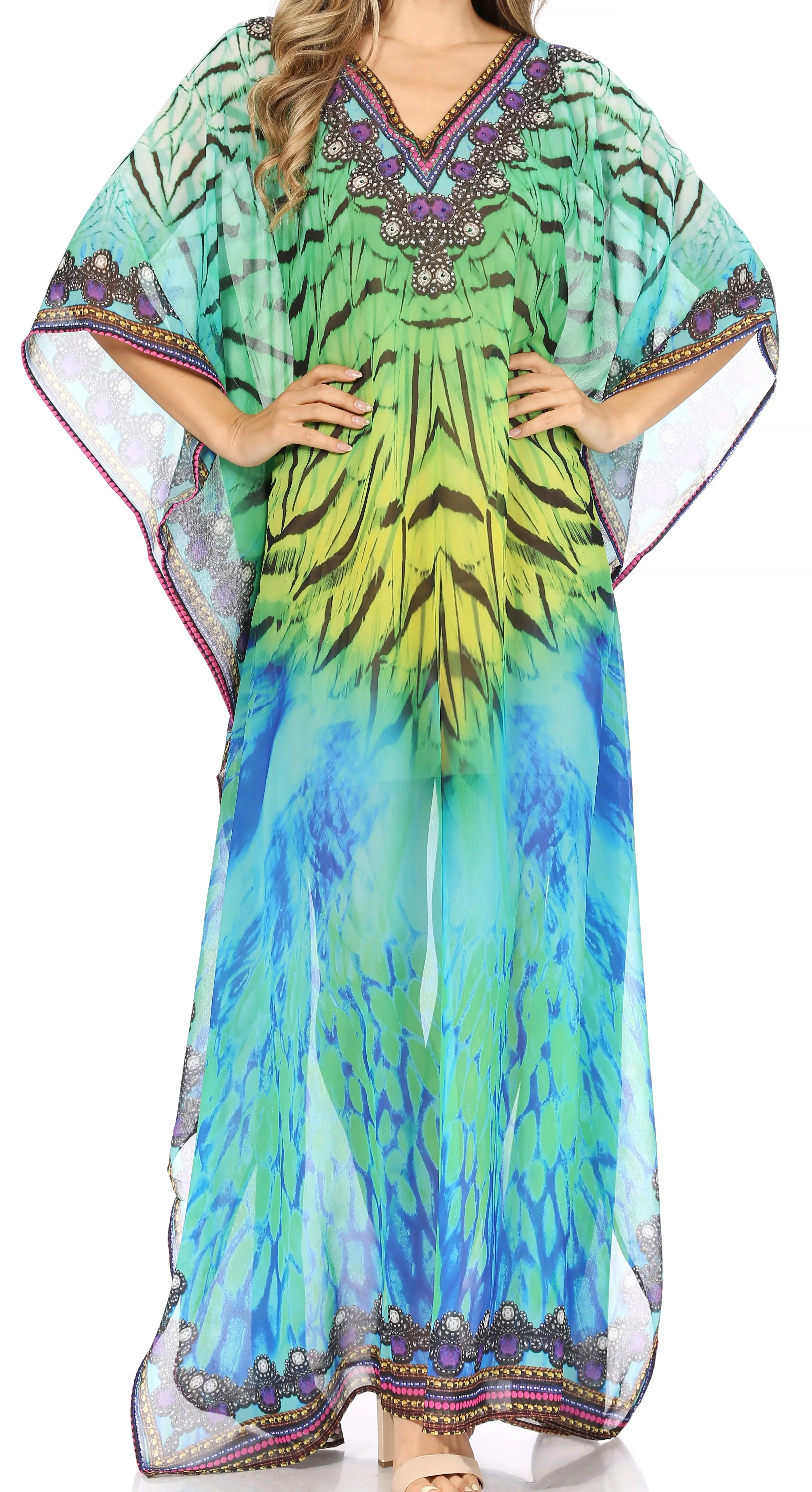 Sakkas Wilder Printed Design Long Sheer Rhinestone Caftan Dress / Cover Up