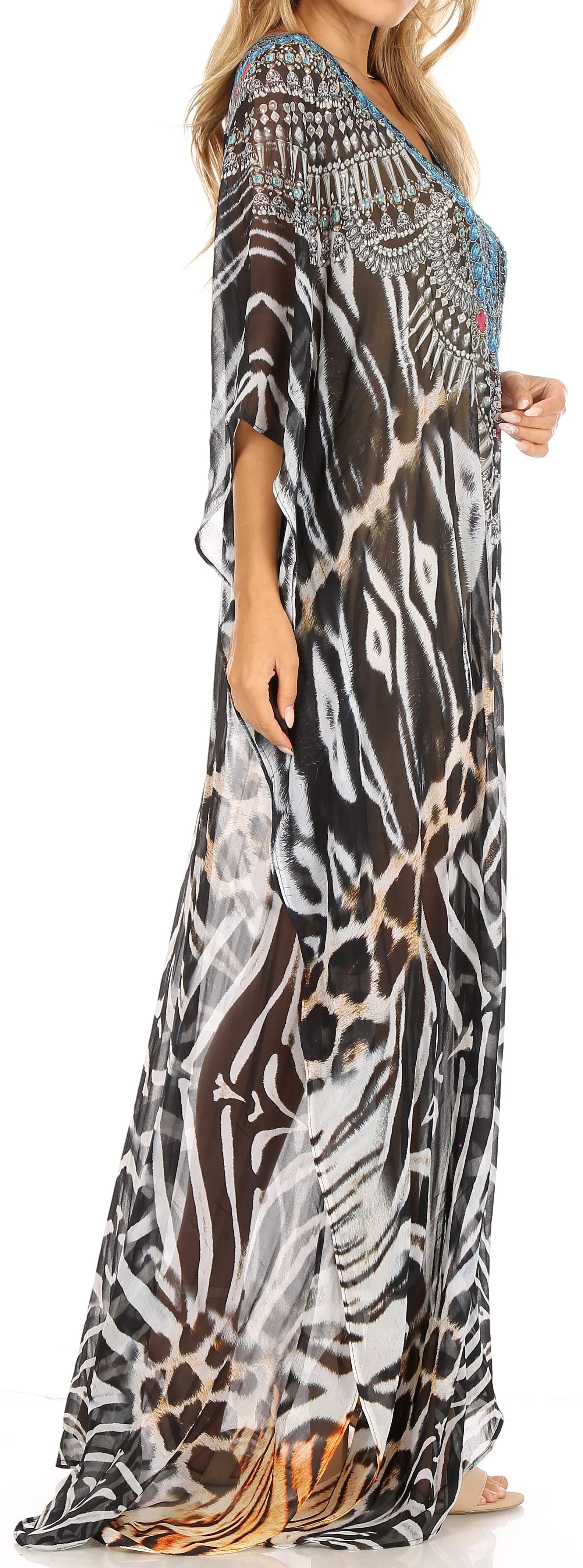 Sakkas Wilder Printed Design Long Sheer Rhinestone Caftan Dress / Cover Up