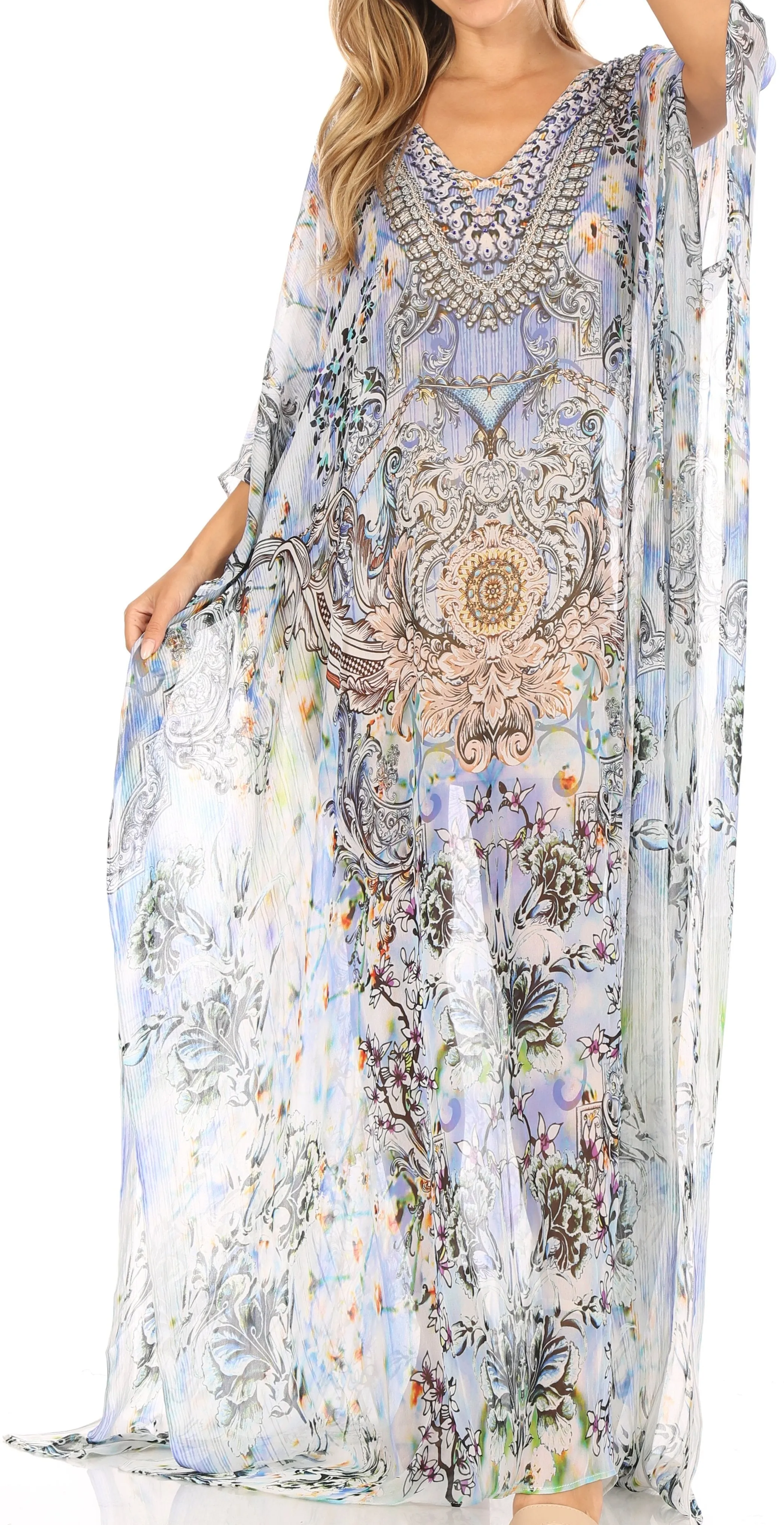 Sakkas Wilder Printed Design Long Sheer Rhinestone Caftan Dress / Cover Up