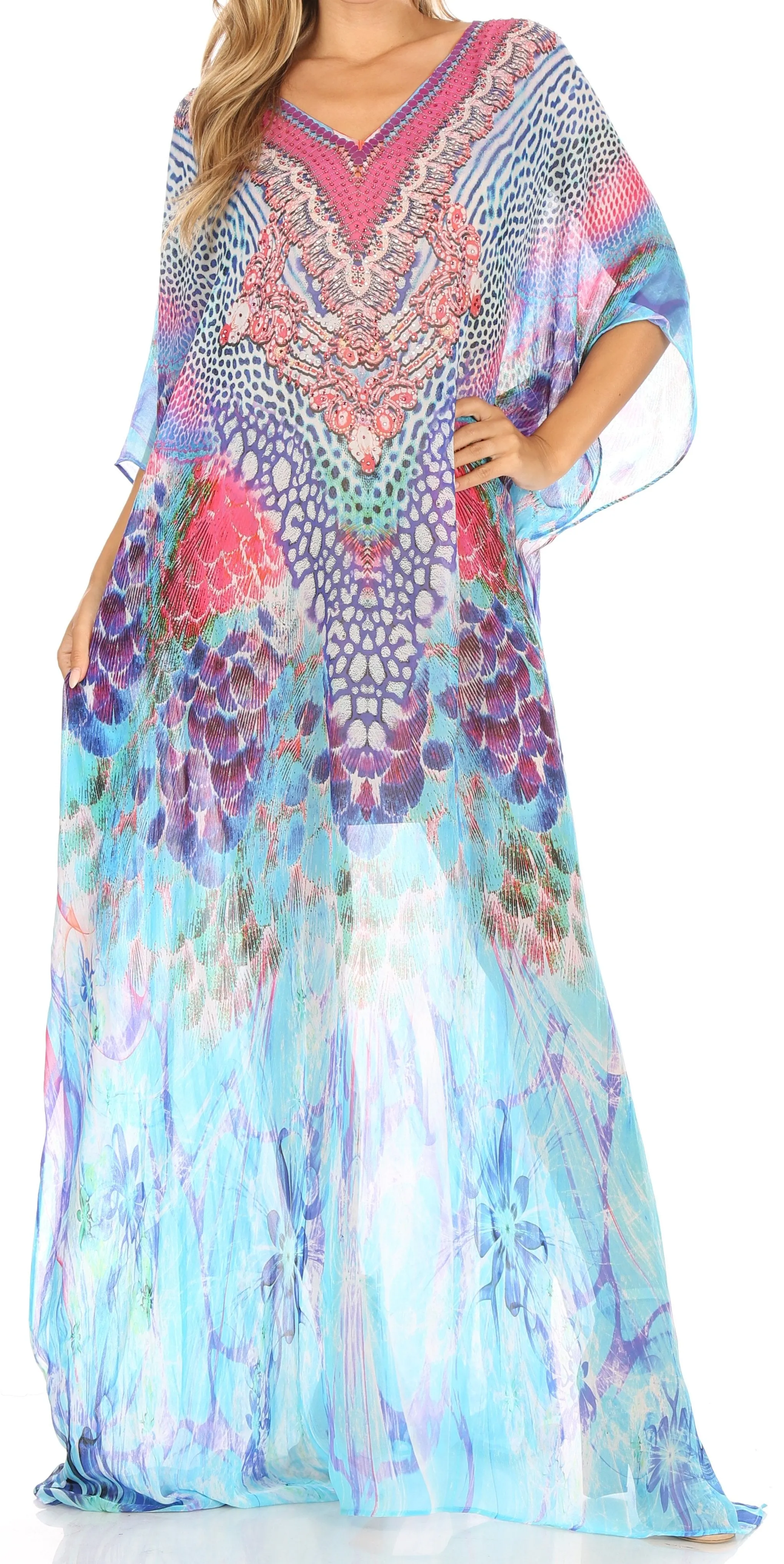 Sakkas Wilder Printed Design Long Sheer Rhinestone Caftan Dress / Cover Up