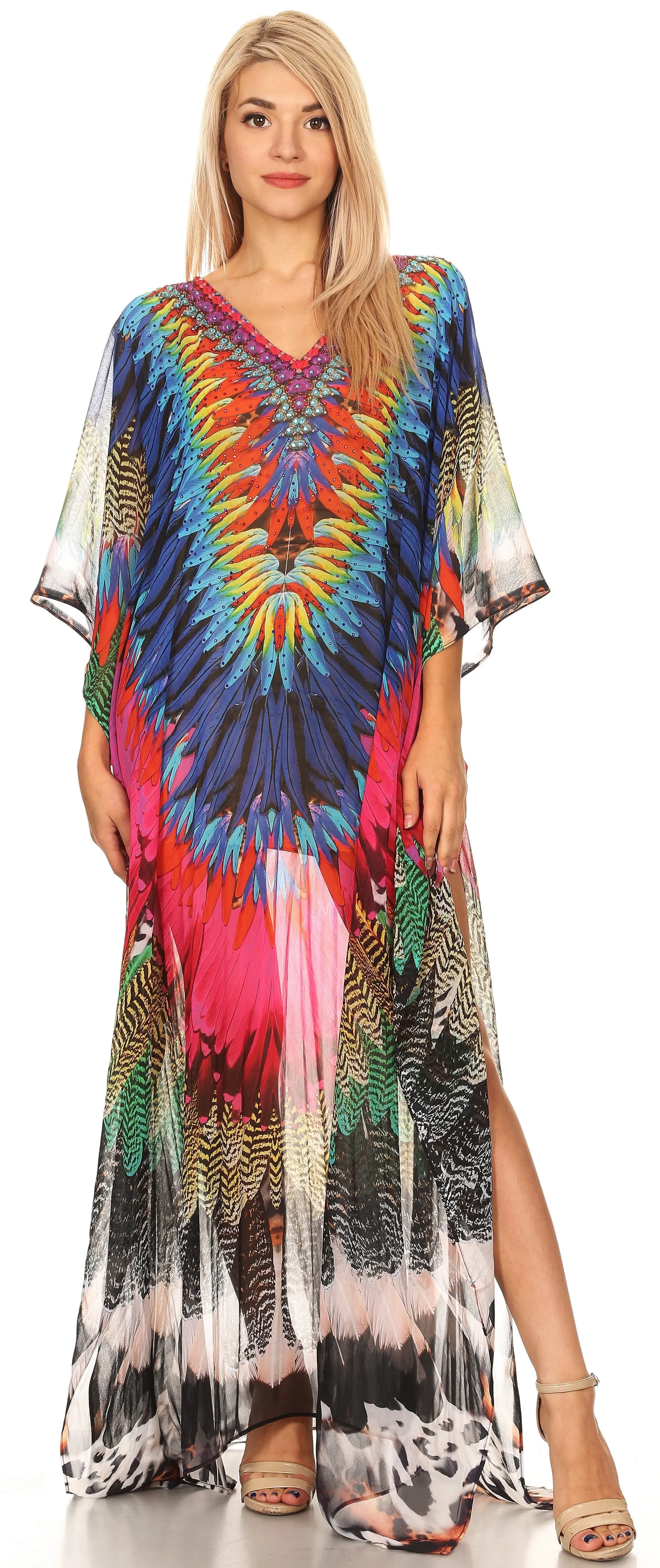 Sakkas Wilder Printed Design Long Sheer Rhinestone Caftan Dress / Cover Up