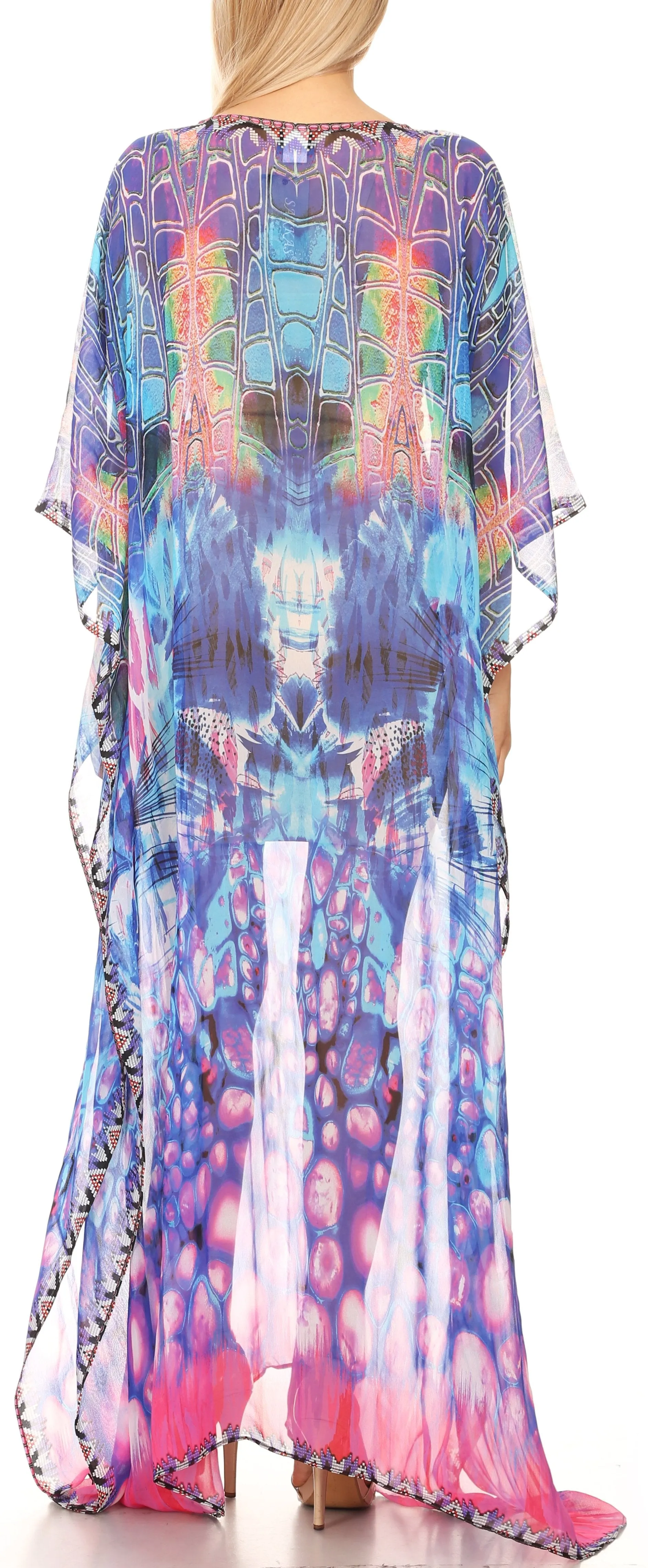 Sakkas Wilder Printed Design Long Sheer Rhinestone Caftan Dress / Cover Up