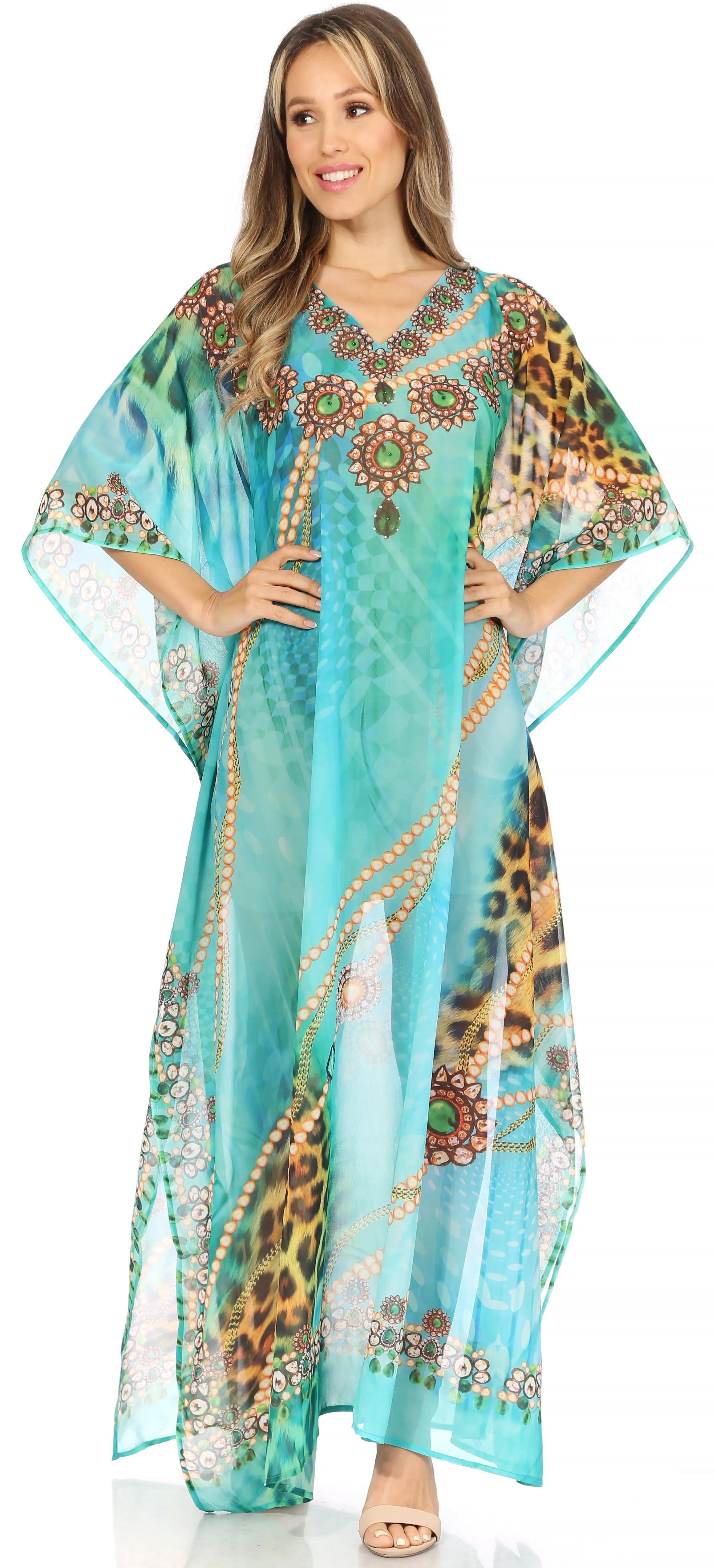 Sakkas Wilder Printed Design Long Sheer Rhinestone Caftan Dress / Cover Up