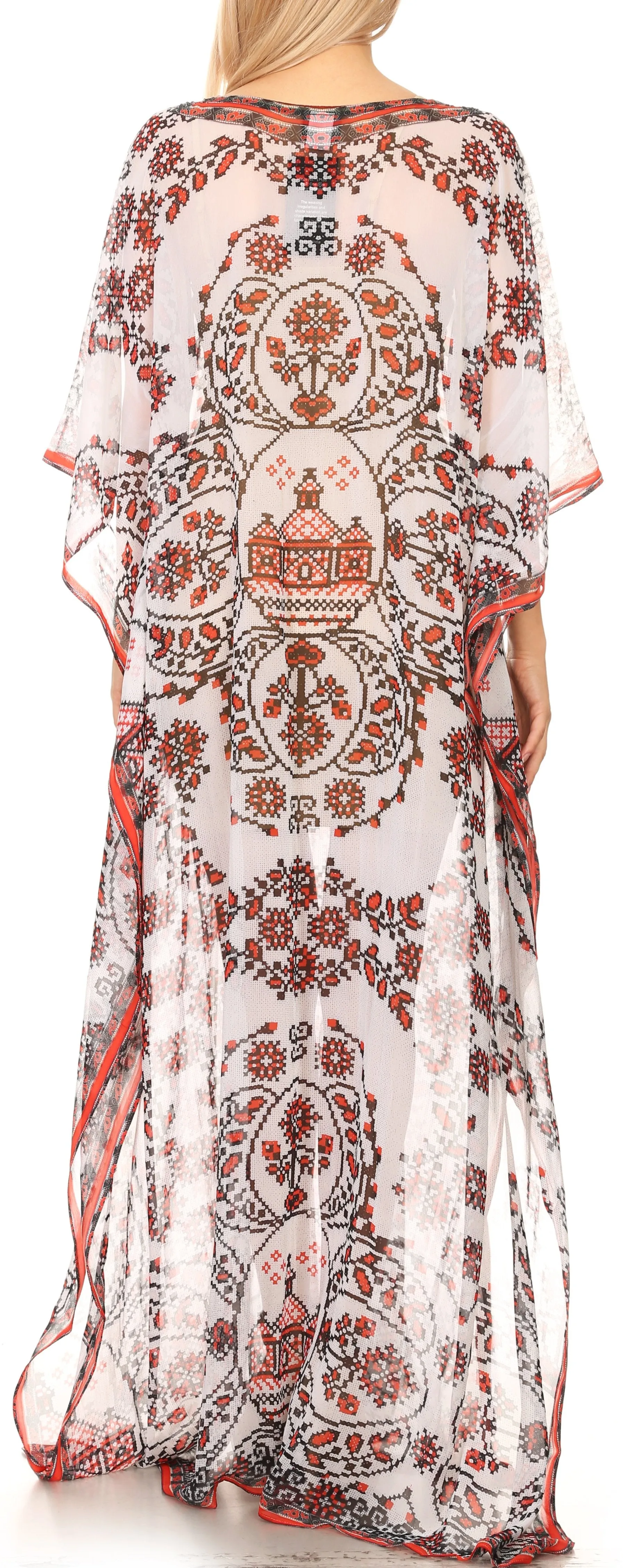 Sakkas Wilder Printed Design Long Sheer Rhinestone Caftan Dress / Cover Up