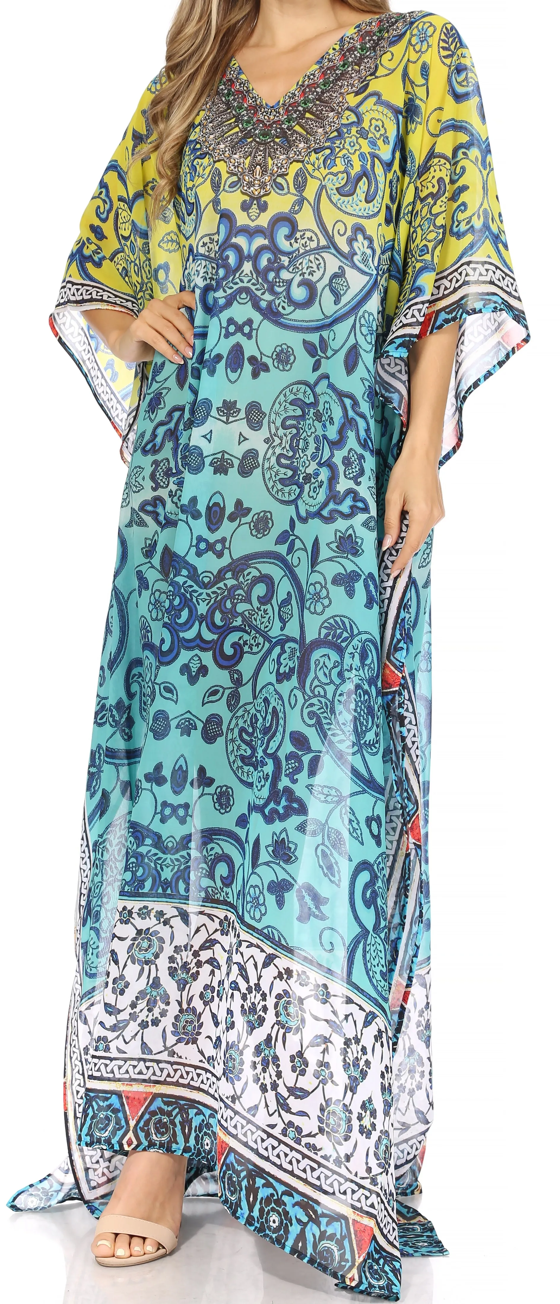 Sakkas Wilder Printed Design Long Sheer Rhinestone Caftan Dress / Cover Up