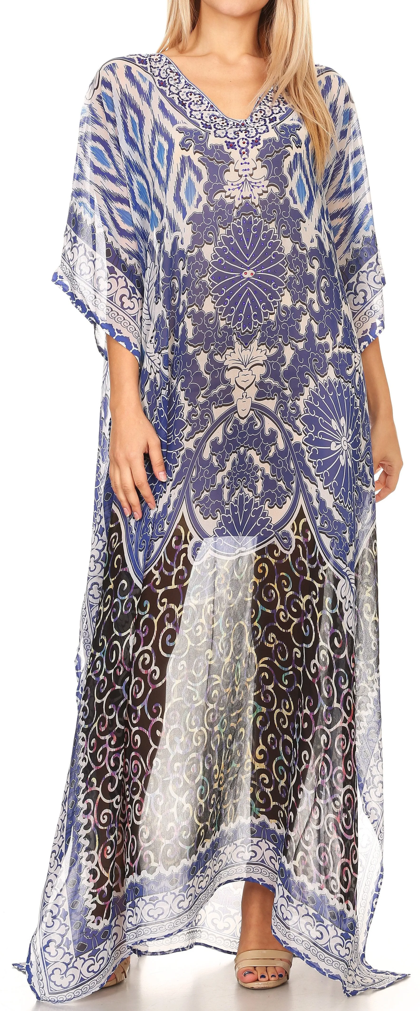 Sakkas Wilder Printed Design Long Sheer Rhinestone Caftan Dress / Cover Up