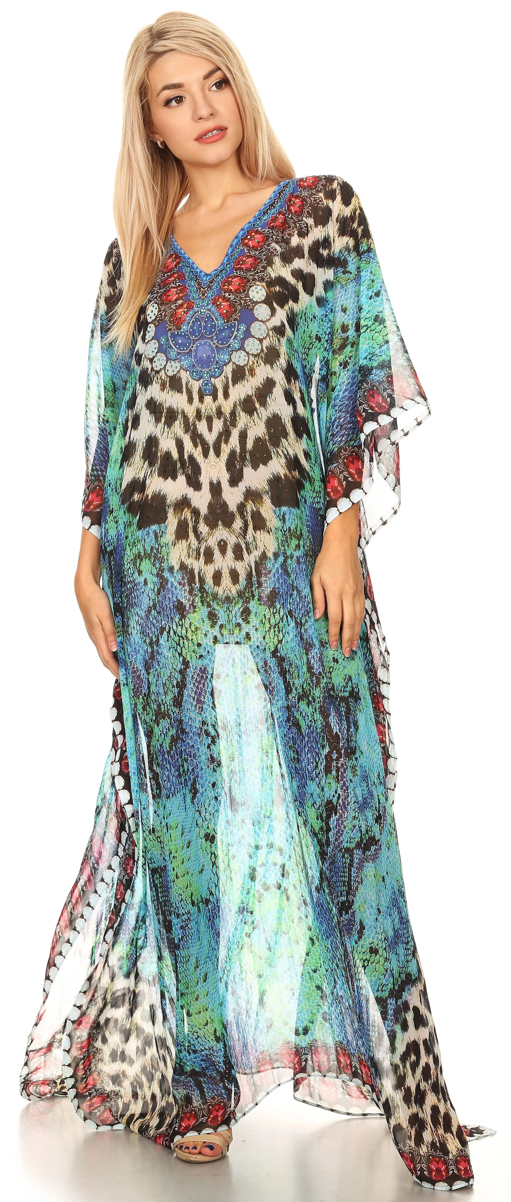 Sakkas Wilder Printed Design Long Sheer Rhinestone Caftan Dress / Cover Up