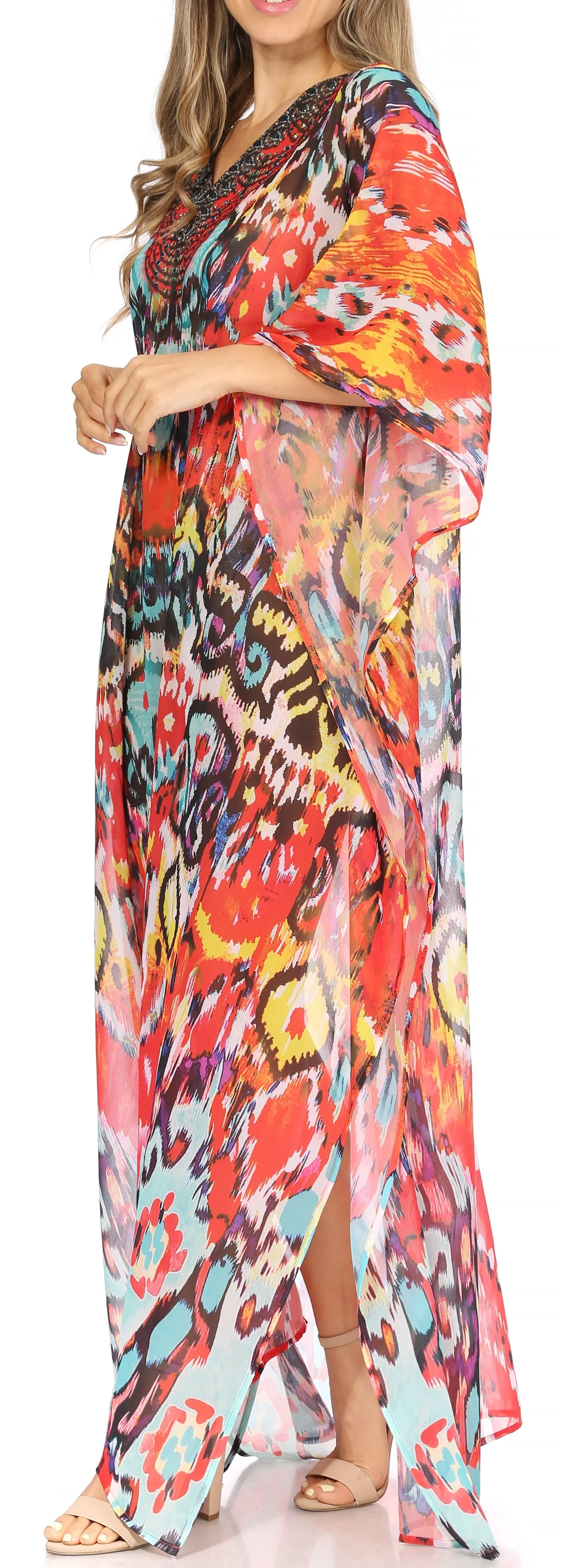 Sakkas Wilder Printed Design Long Sheer Rhinestone Caftan Dress / Cover Up