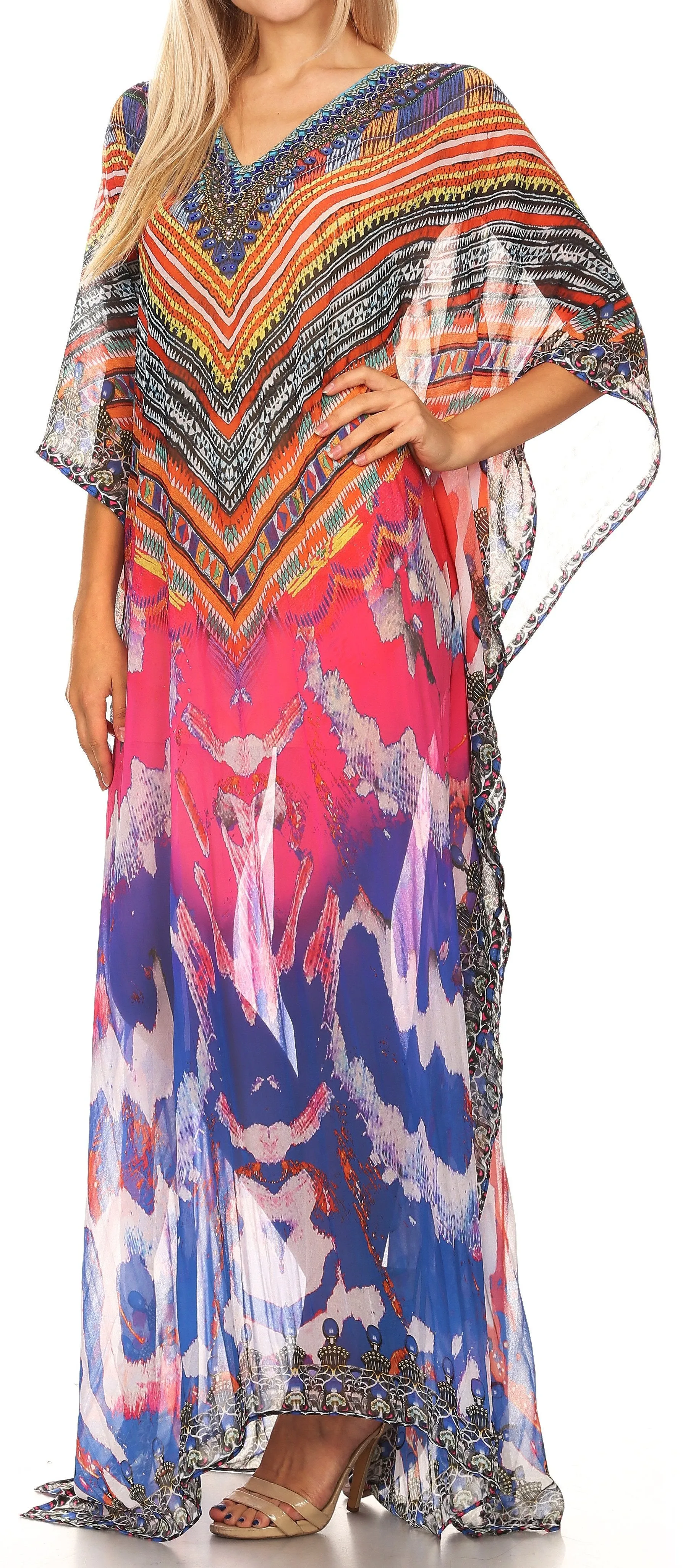 Sakkas Wilder Printed Design Long Sheer Rhinestone Caftan Dress / Cover Up