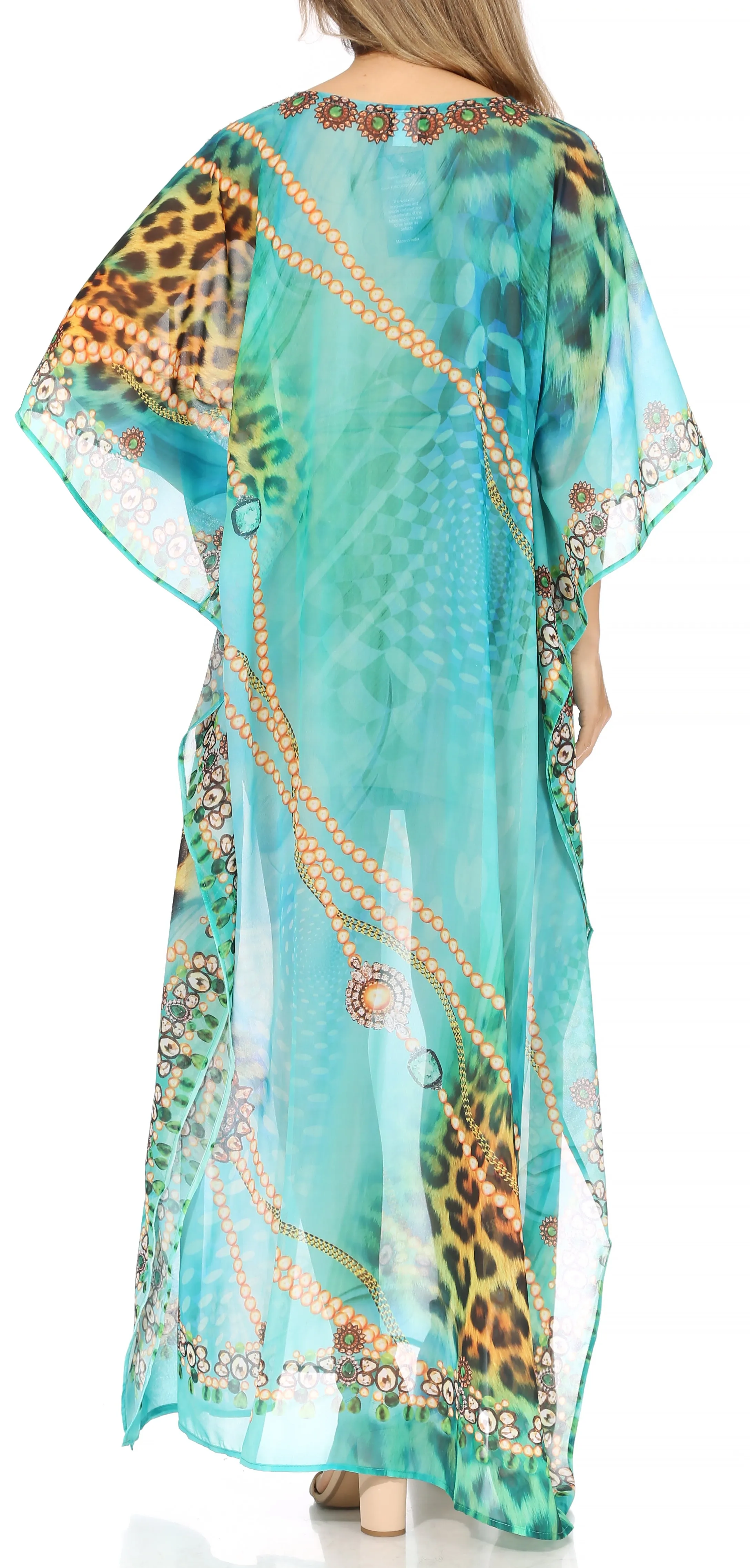 Sakkas Wilder Printed Design Long Sheer Rhinestone Caftan Dress / Cover Up