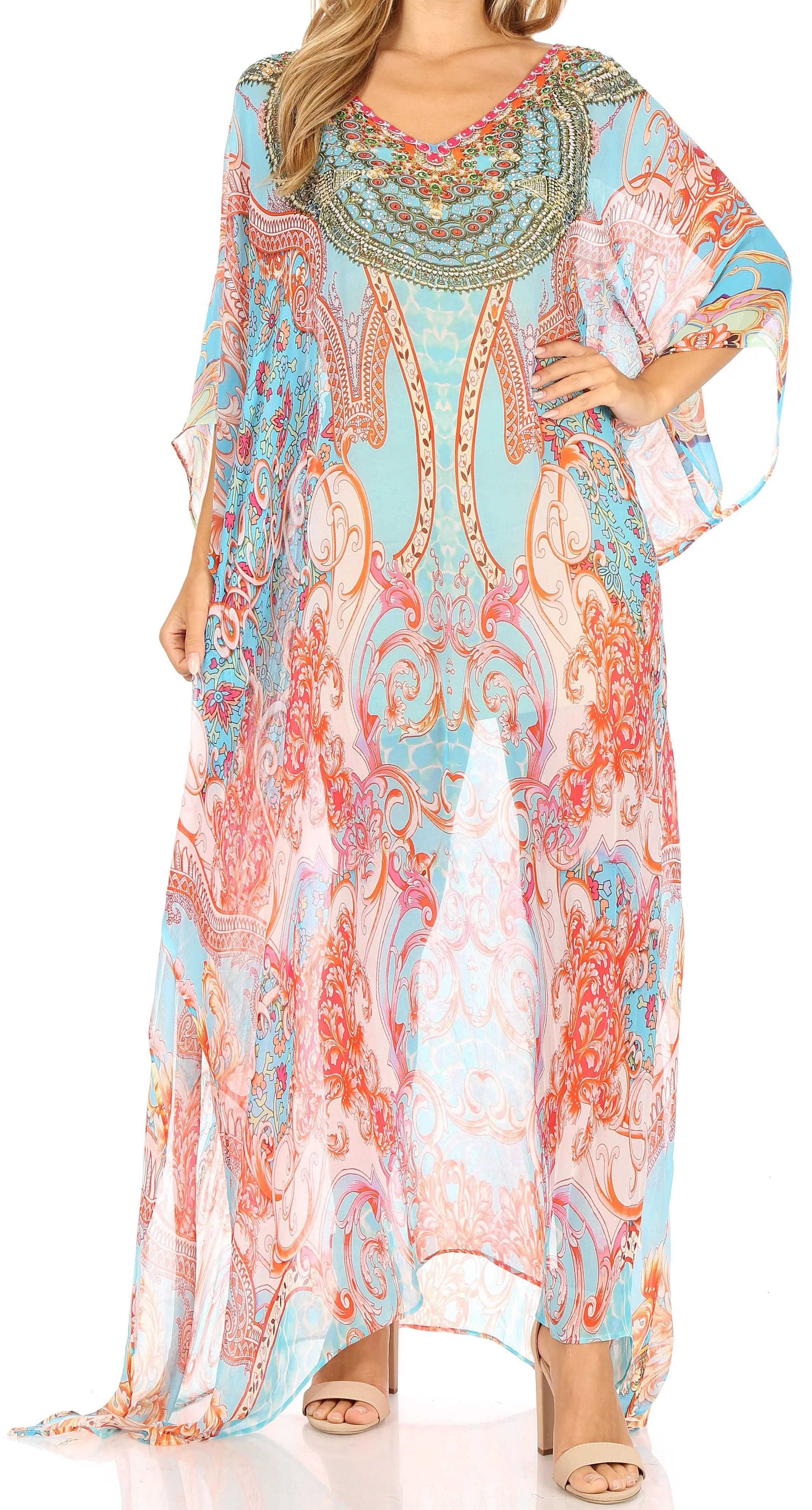 Sakkas Wilder Printed Design Long Sheer Rhinestone Caftan Dress / Cover Up