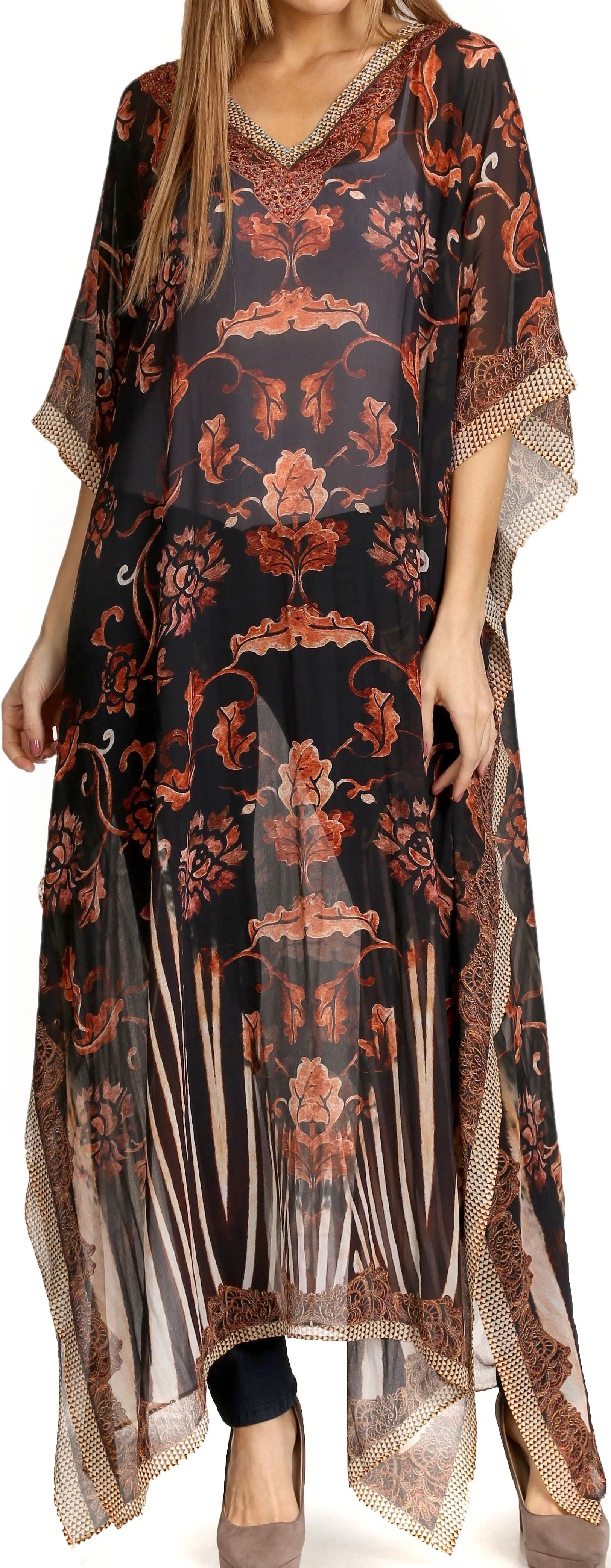 Sakkas Wilder Printed Design Long Sheer Rhinestone Caftan Dress / Cover Up